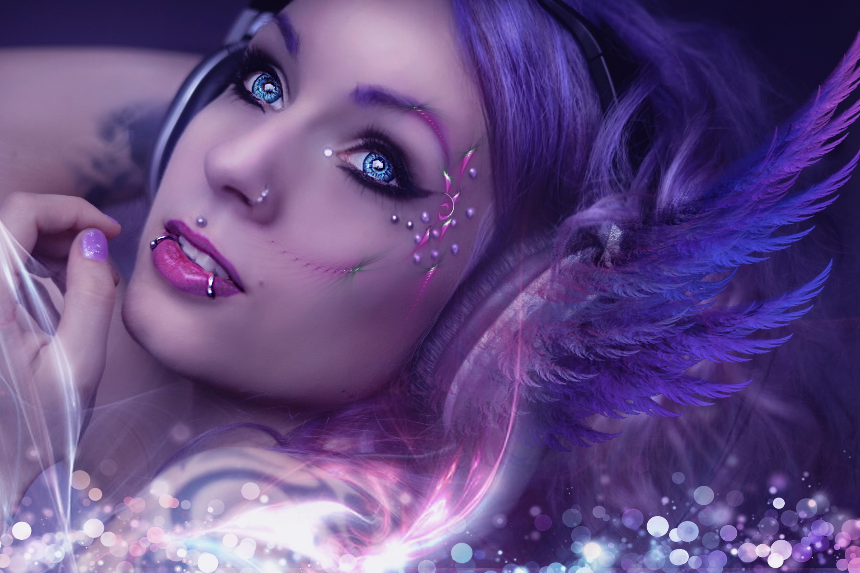 Woman with blue eyes and purple hair wearing headphones HD Wallpaper