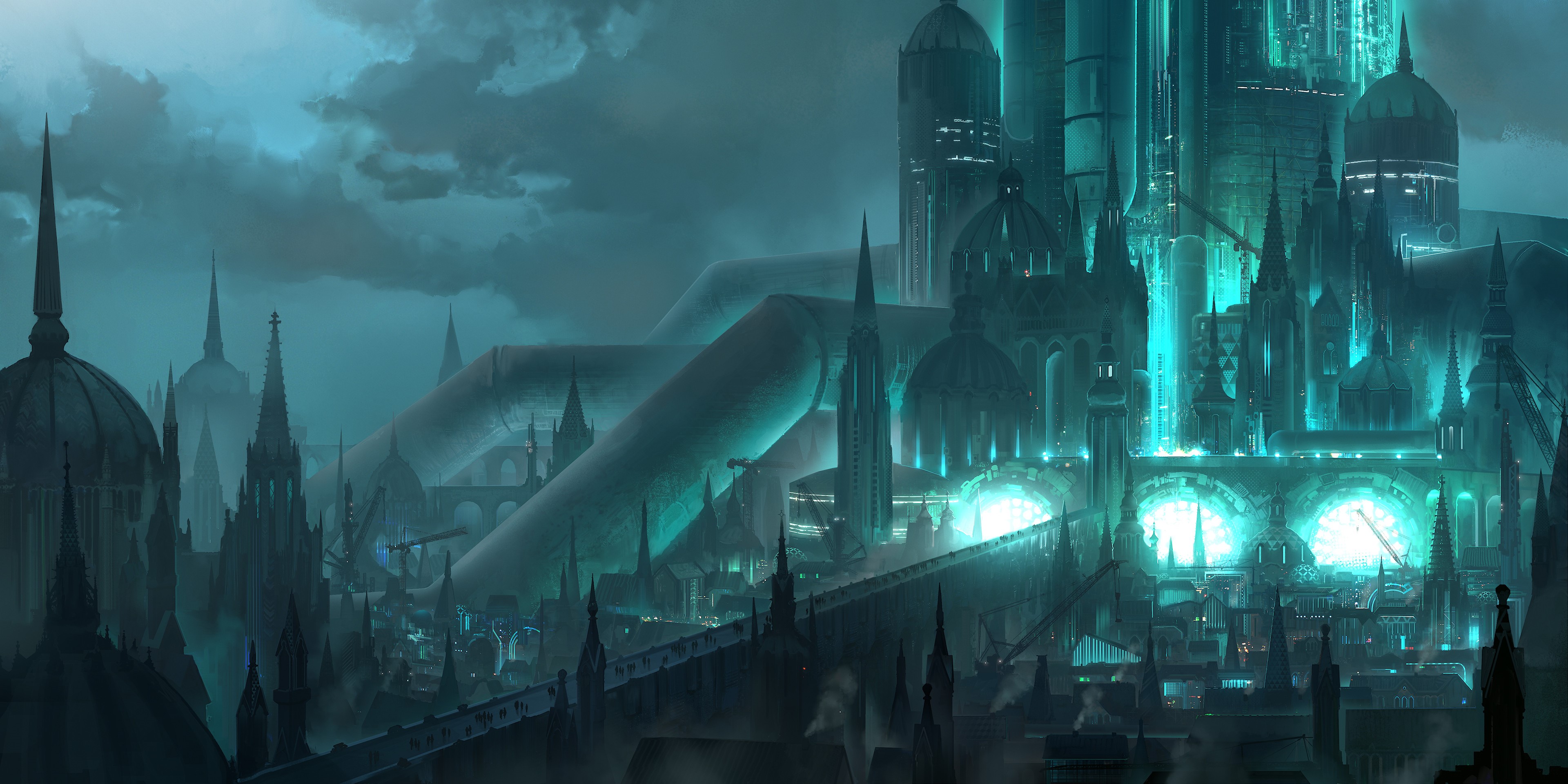 Fantasy city with cyan lights at night HD Wallpaper