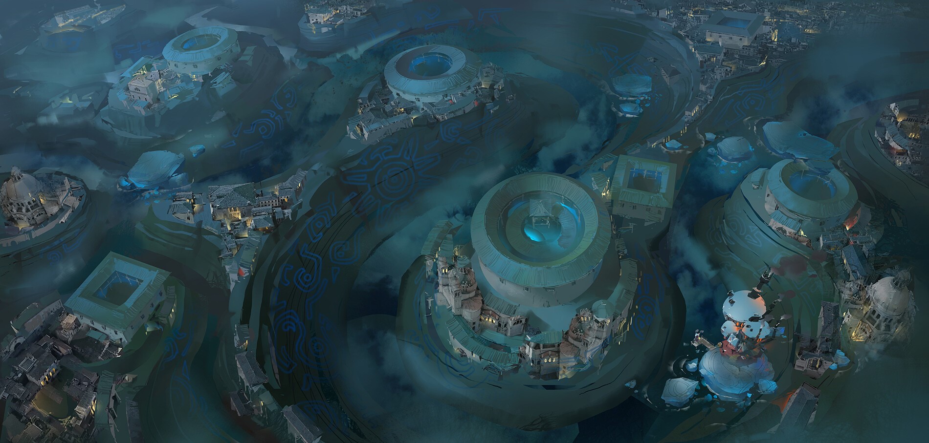 Fantasy aerial view of a city with circular structures HD Wallpaper