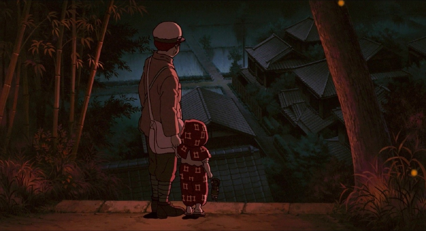 Two children overlook a village at dusk in Grave of the Fireflies HD Wallpaper