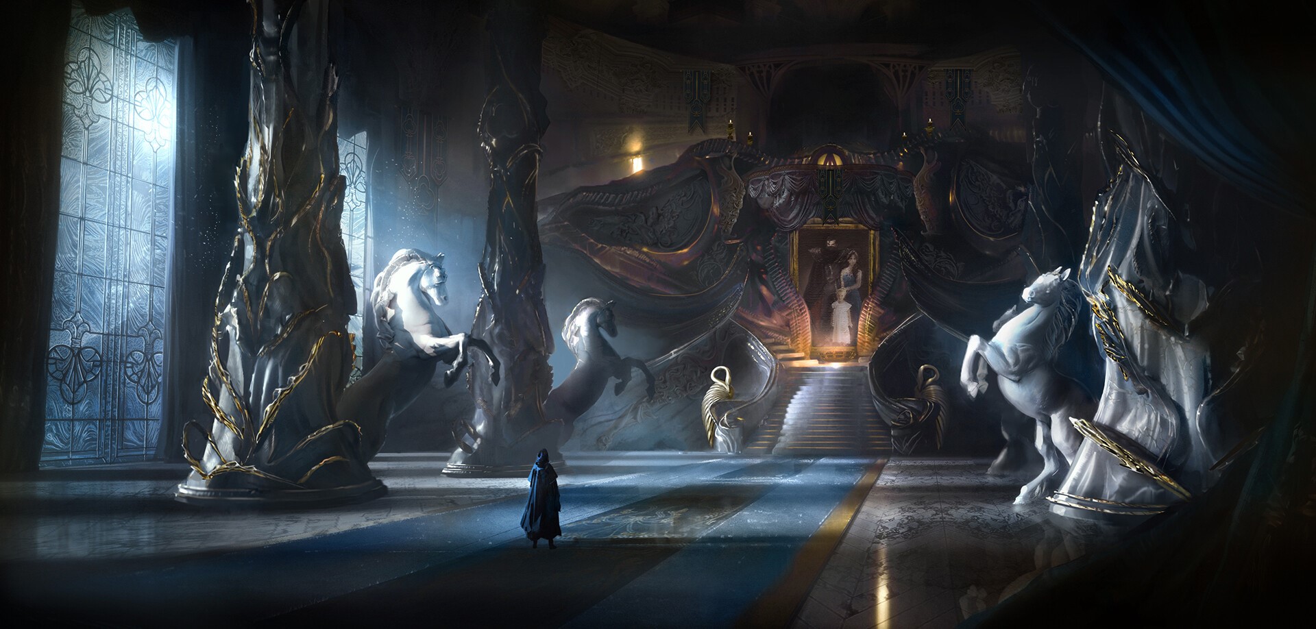Fantasy palace interior with statues and a lone figure HD Wallpaper