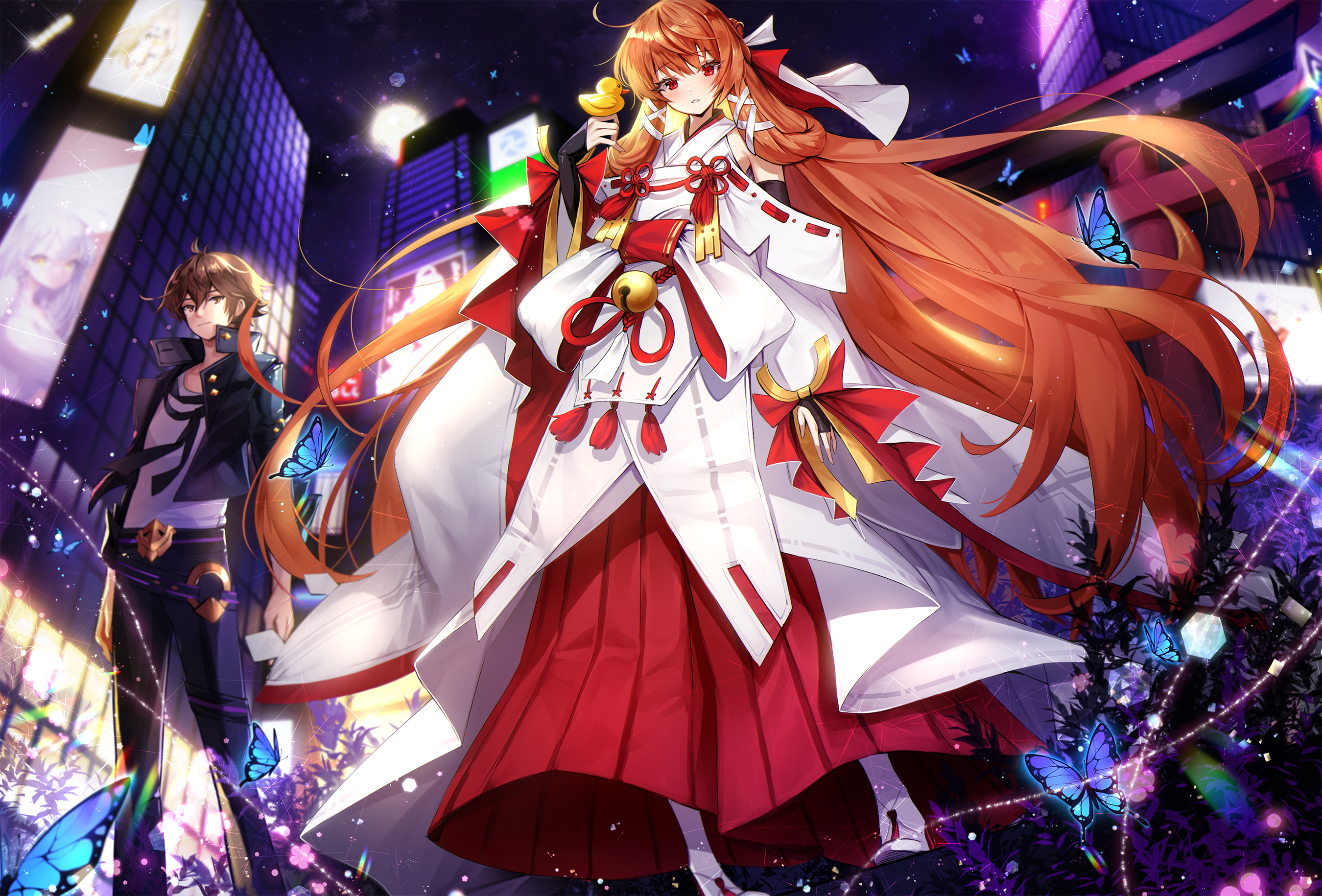 Anime girl in Japanese clothes with boy in city at night HD Wallpaper