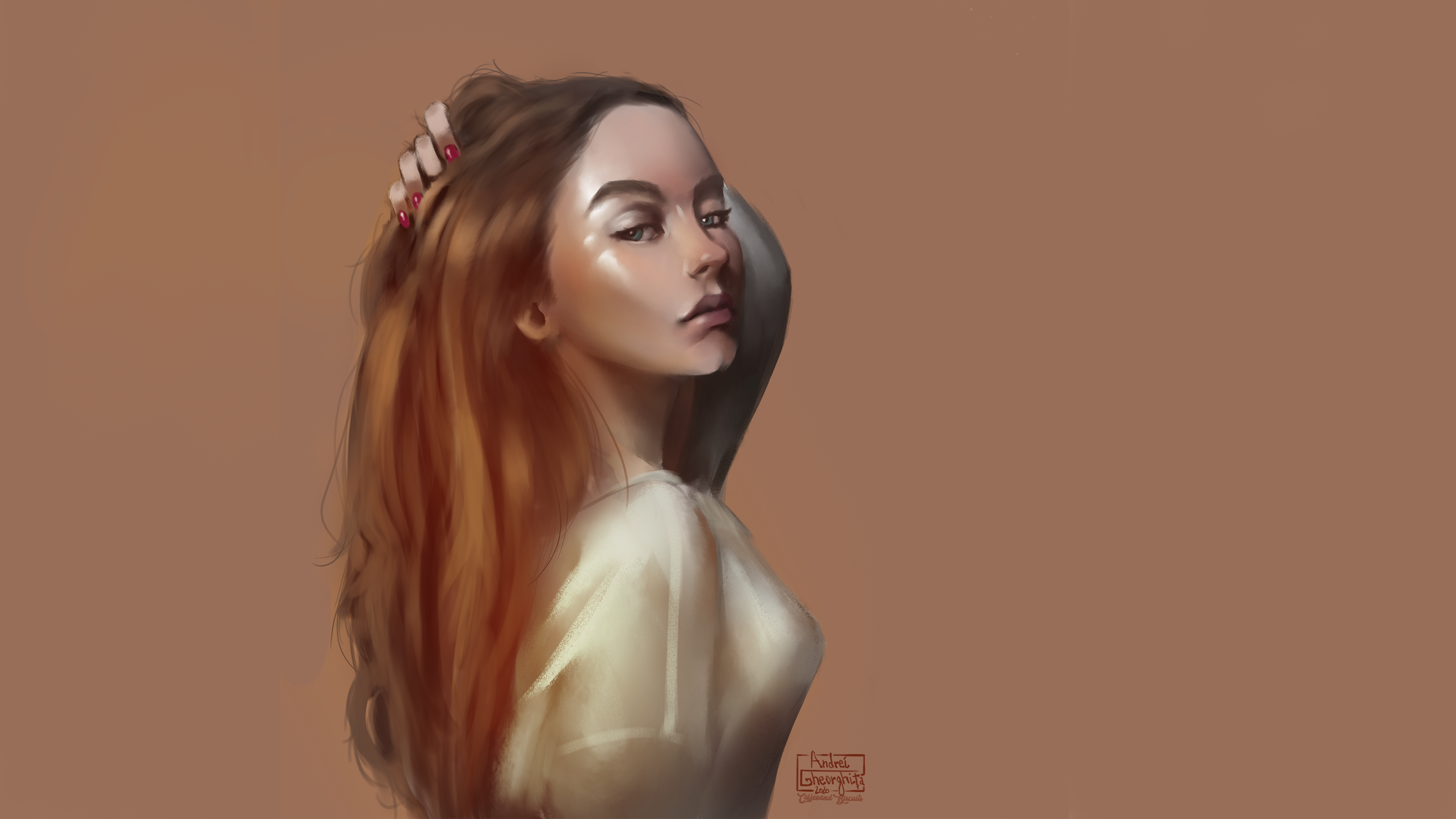 Woman with hands in her long brown hair HD Wallpaper