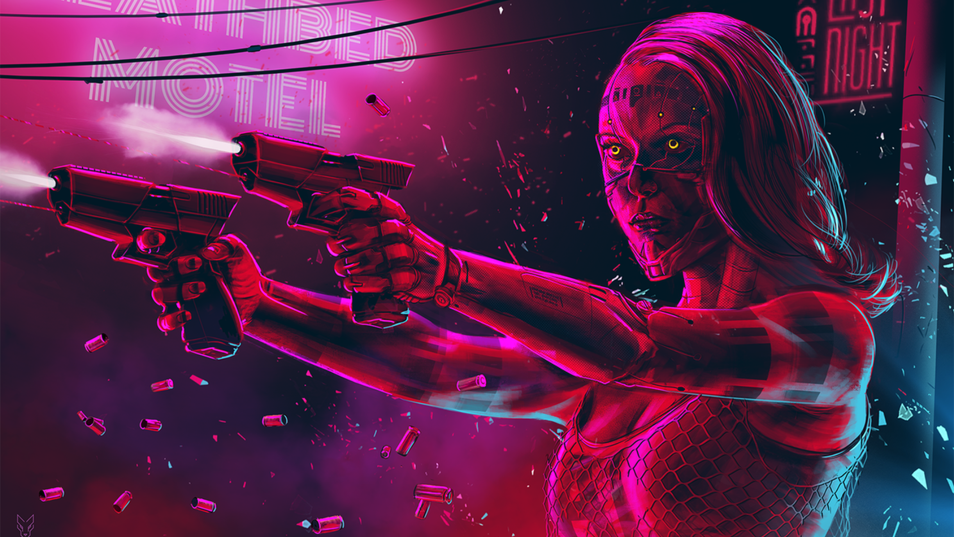 Cyberpunk woman with guns firing neon lights HD Wallpaper