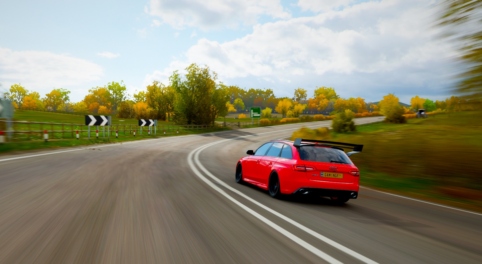 Red Audi RS4 Avant racing on a road in Forza Horizon 4 HD Wallpaper