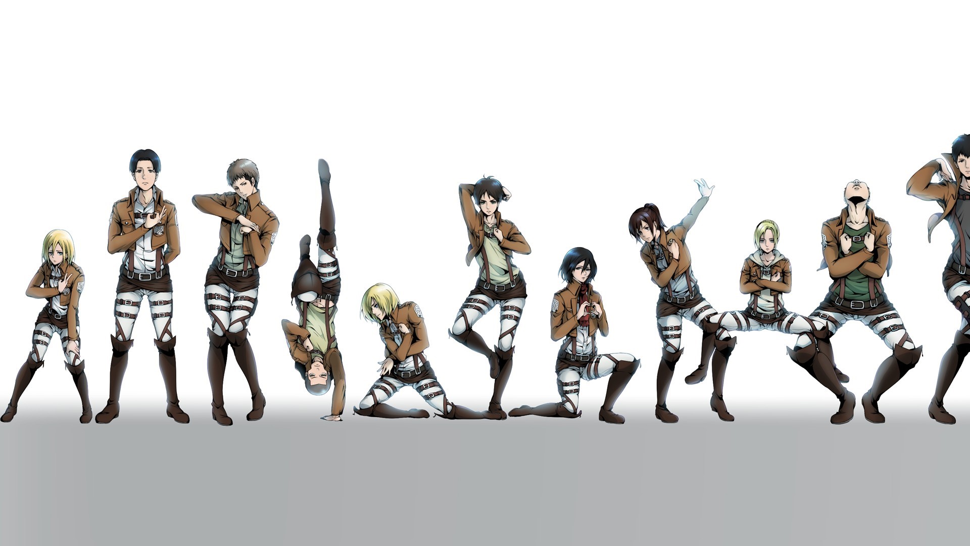 Characters from Shingeki no Kyojin in various poses HD Wallpaper