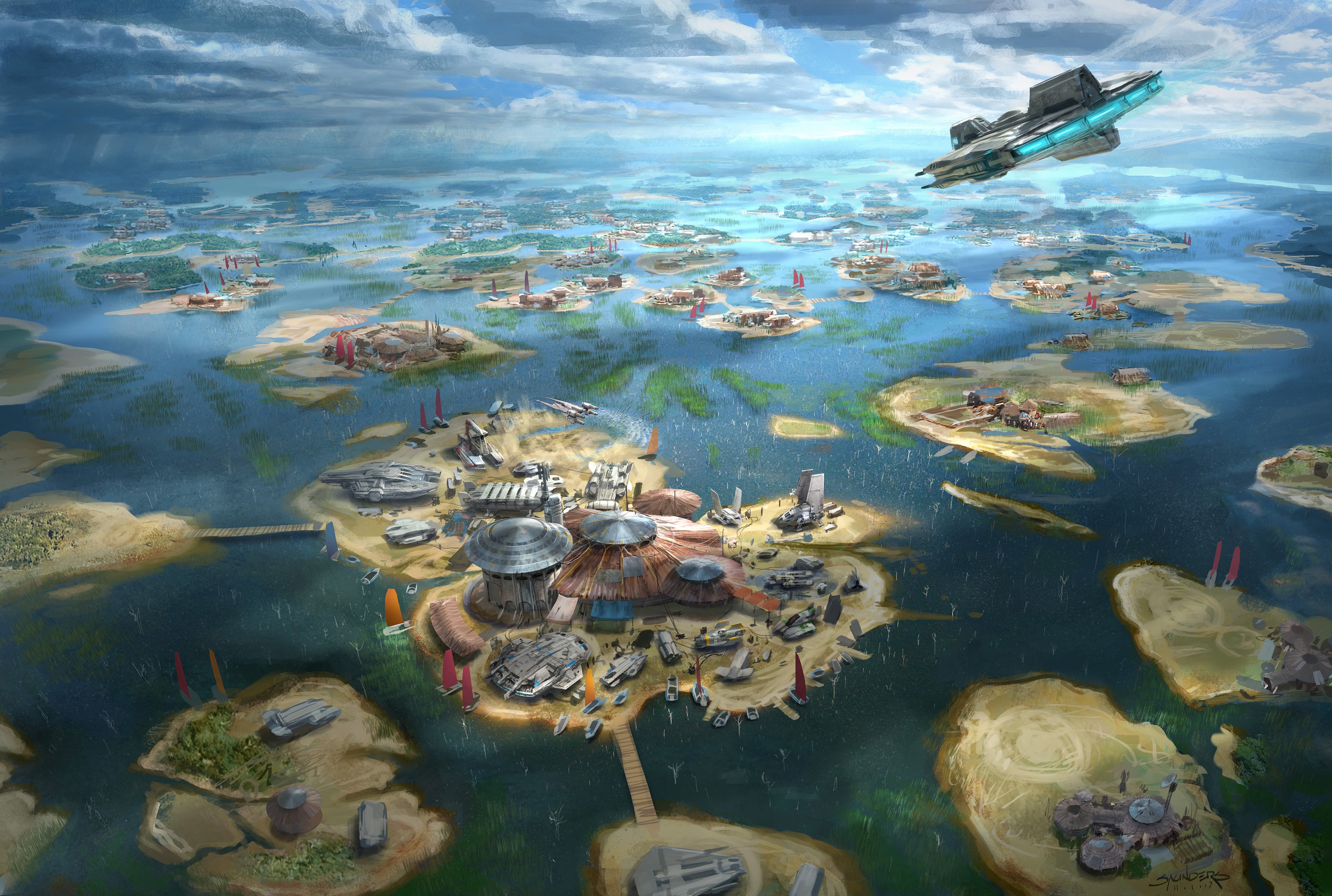 Science fiction planet landscape with islands and spacecraft HD Wallpaper
