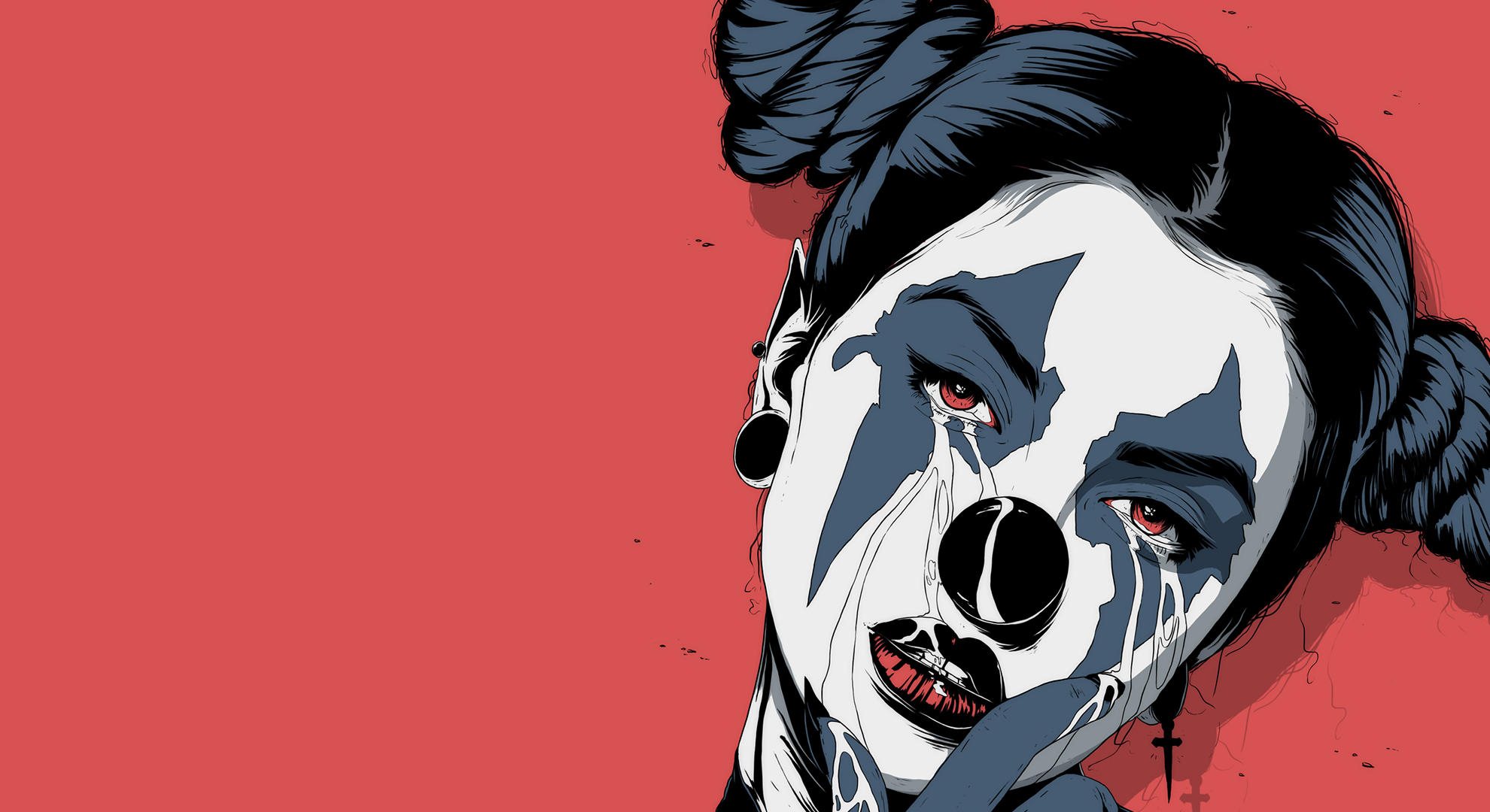 Woman with clown makeup and red eyes HD Wallpaper