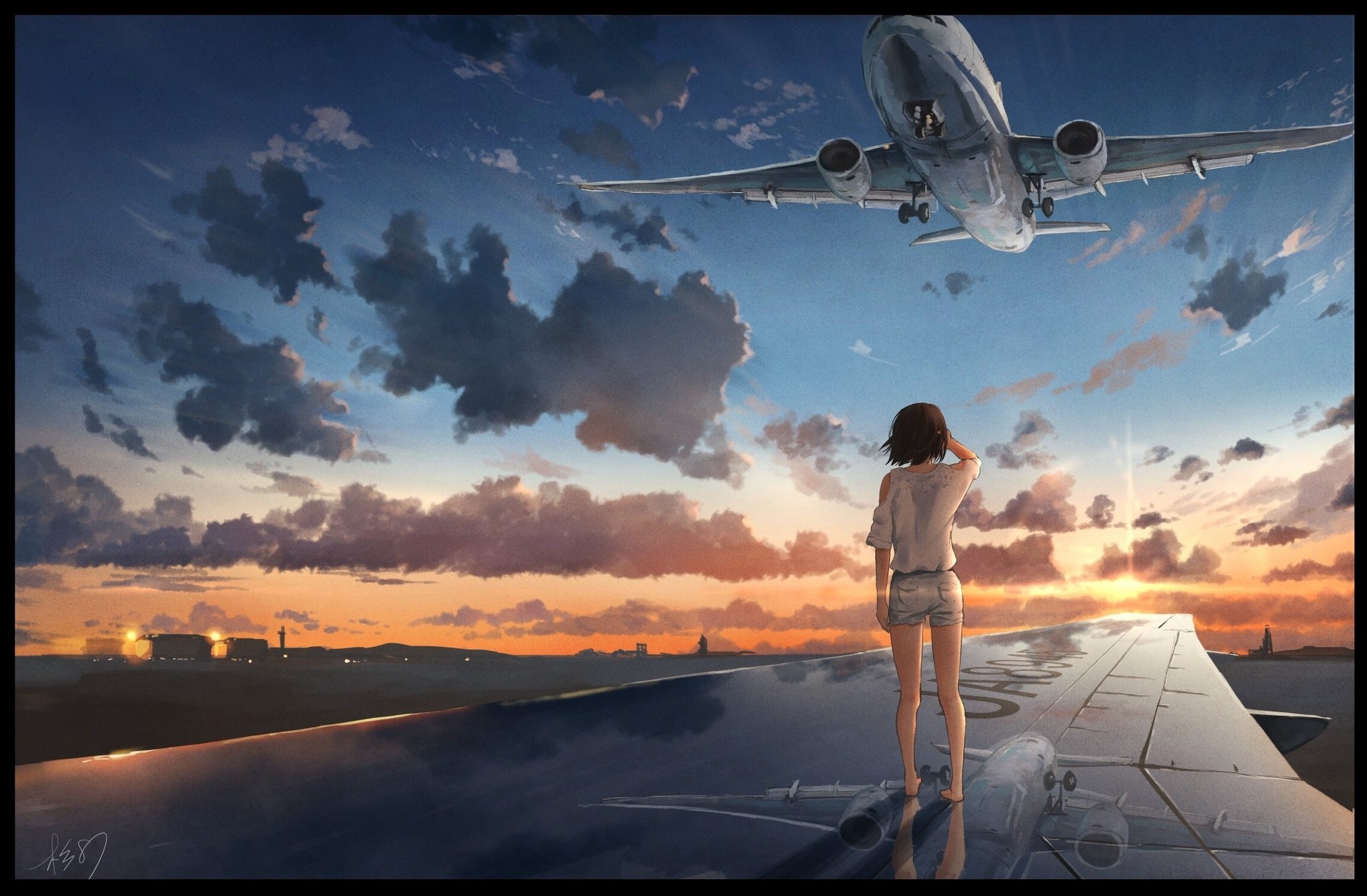 Anime girl on airplane wing watching another airplane HD Wallpaper
