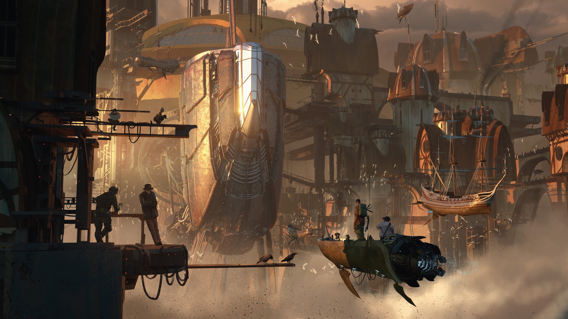 Steampunk cityscape with airships and people HD Wallpaper