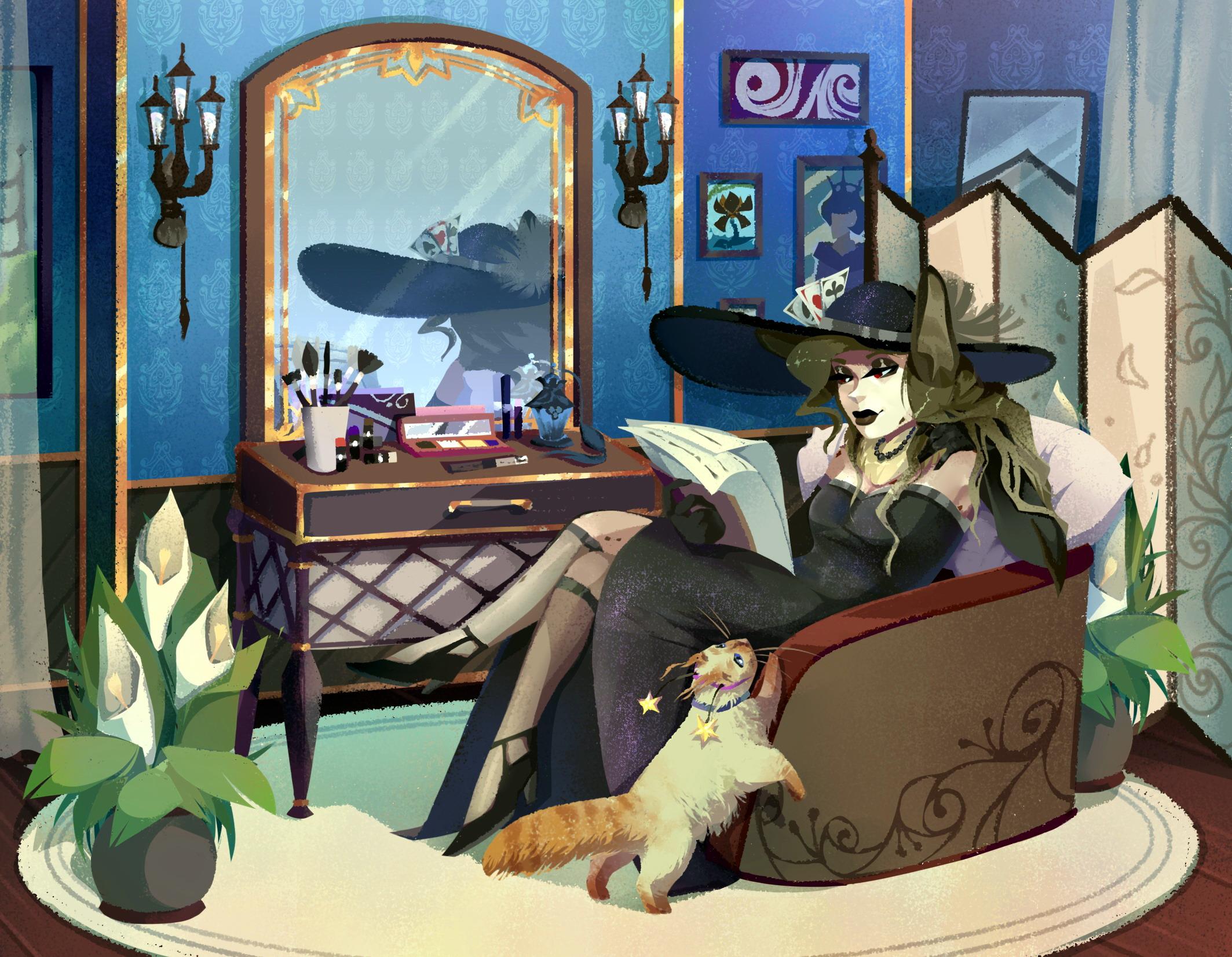 Witch and Cat in a Dressing Room HD Wallpaper