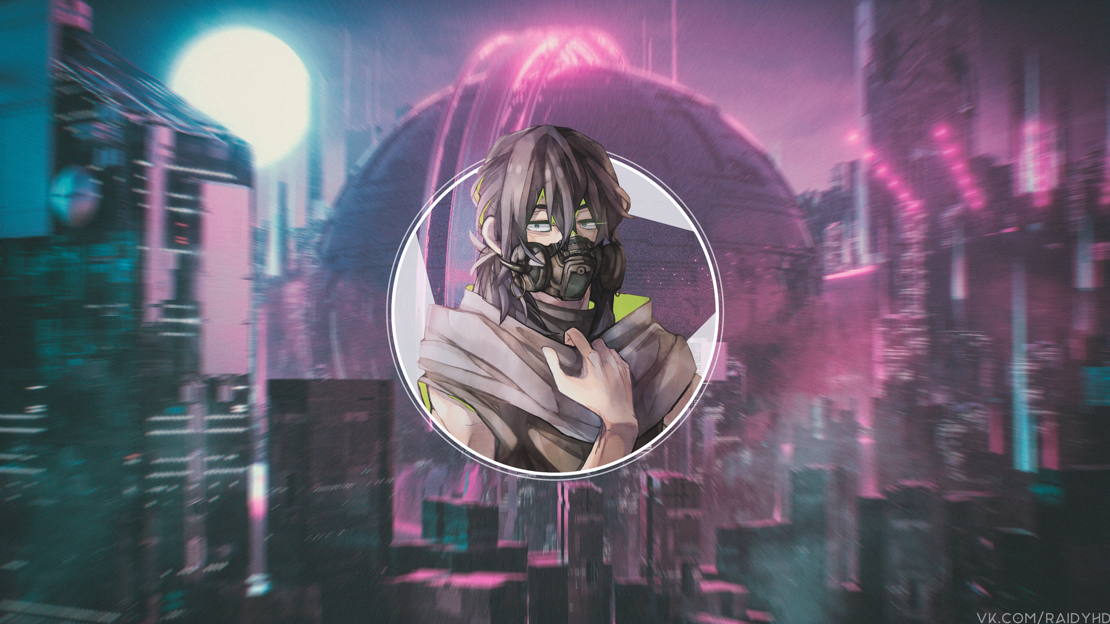 Anime boy with gas mask in cyberpunk city HD Wallpaper