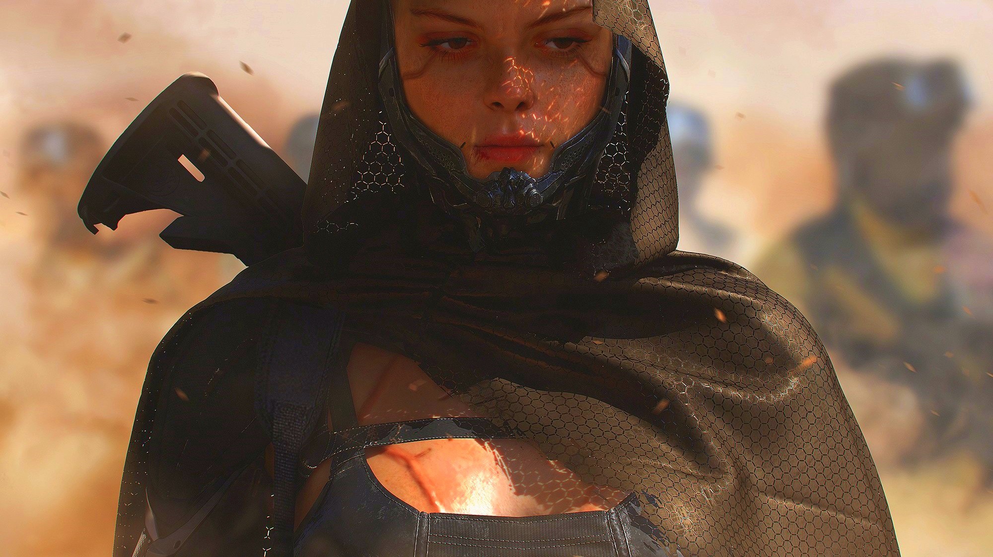 Cyberpunk woman with rifle and mask HD Wallpaper