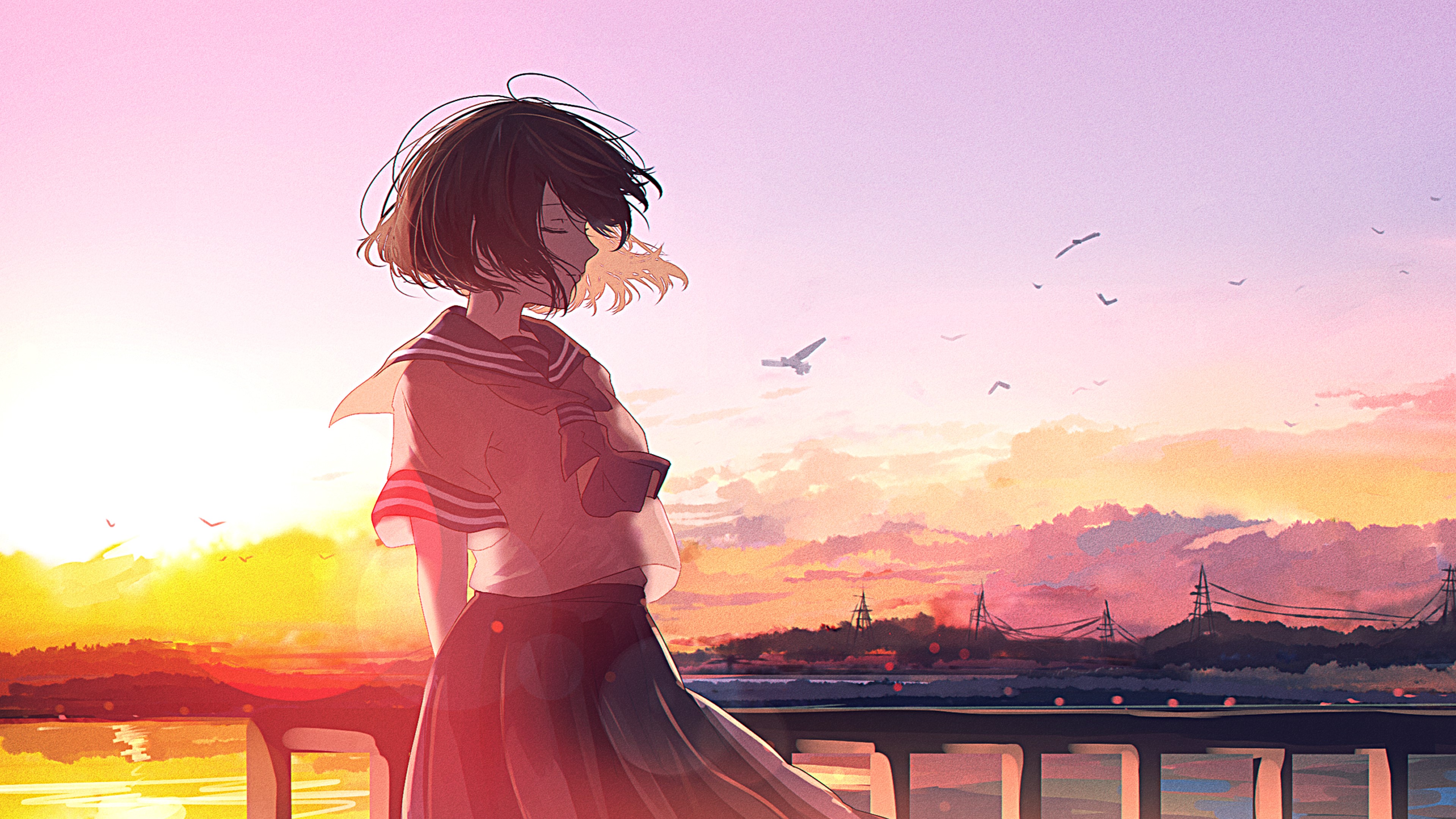 Anime girl in school uniform at sunset HD Wallpaper