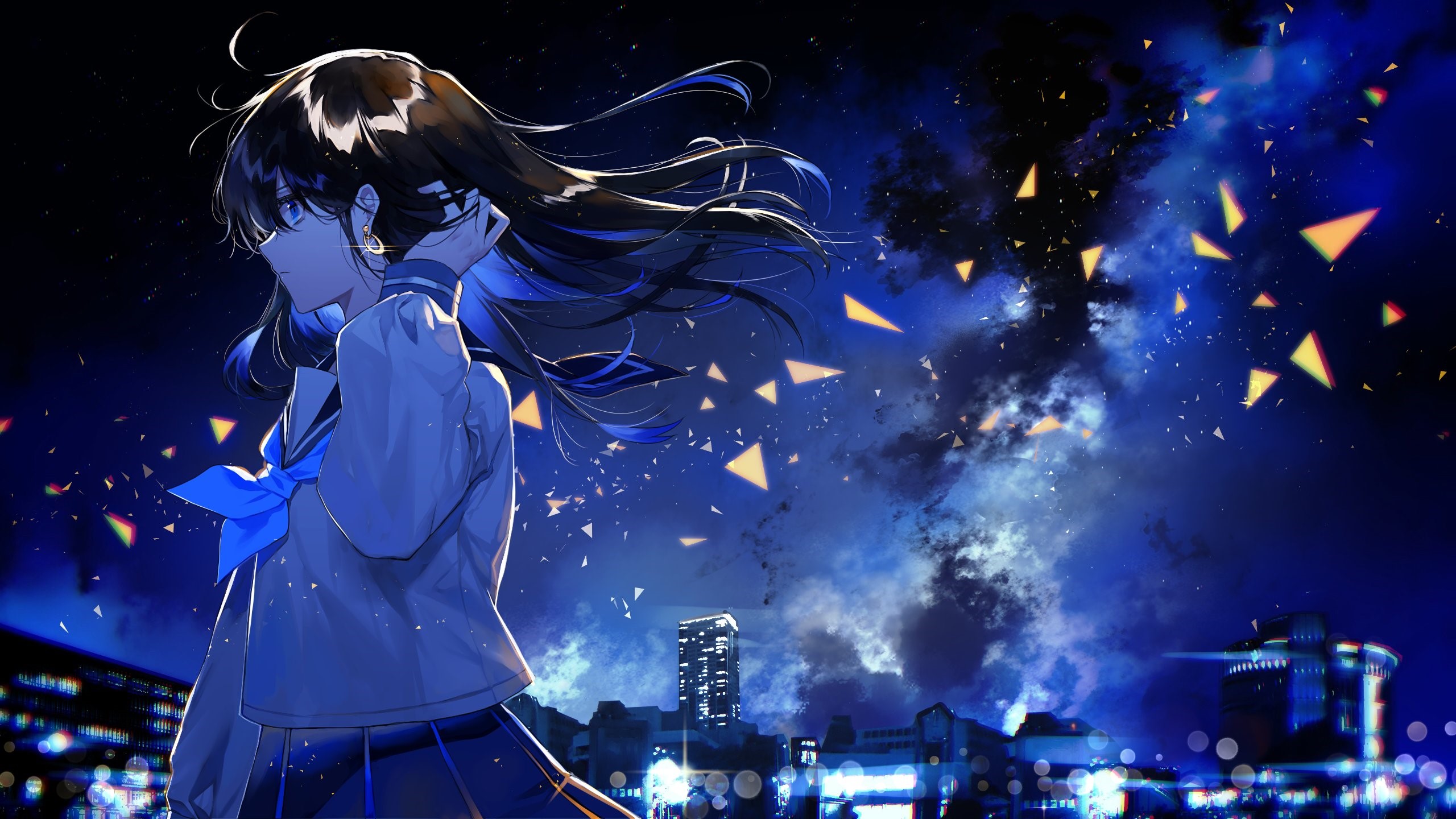 Anime girl in school uniform at night HD Wallpaper