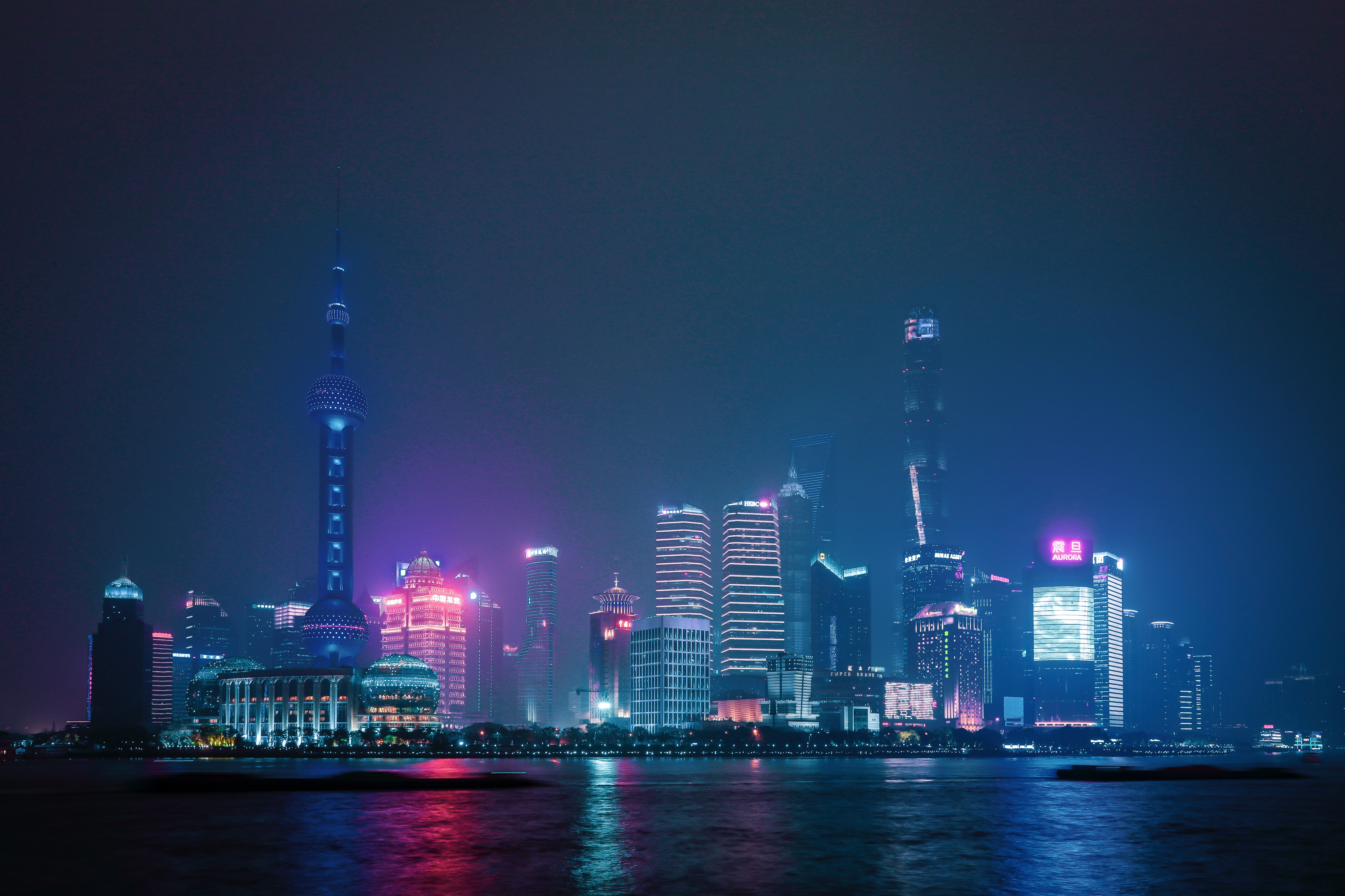 Shanghai Skyline with Oriental Pearl Tower at Night 4K HD Wallpaper
