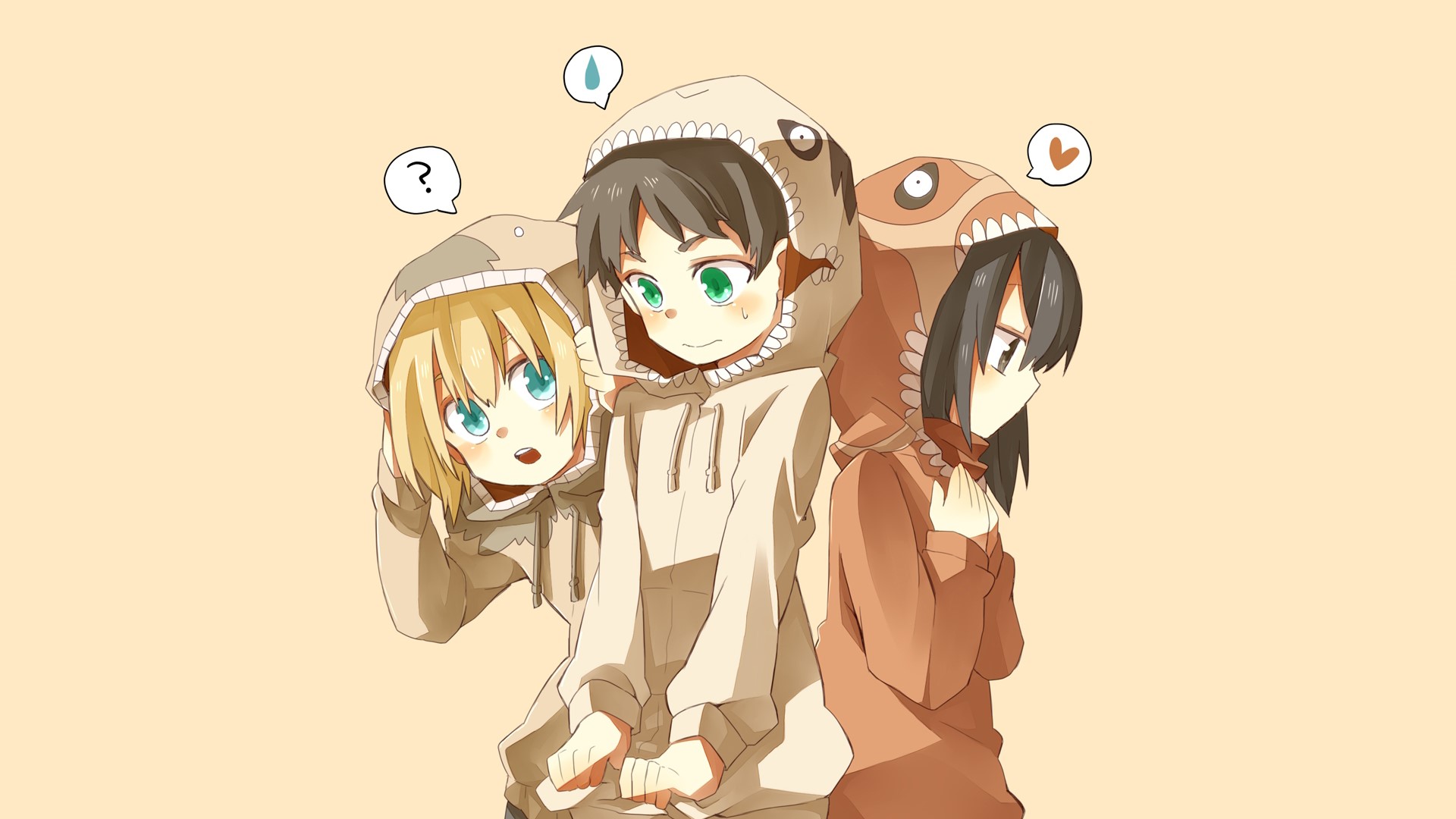 Armin, Eren, and Mikasa from Shingeki no Kyojin in dinosaur onesies HD Wallpaper