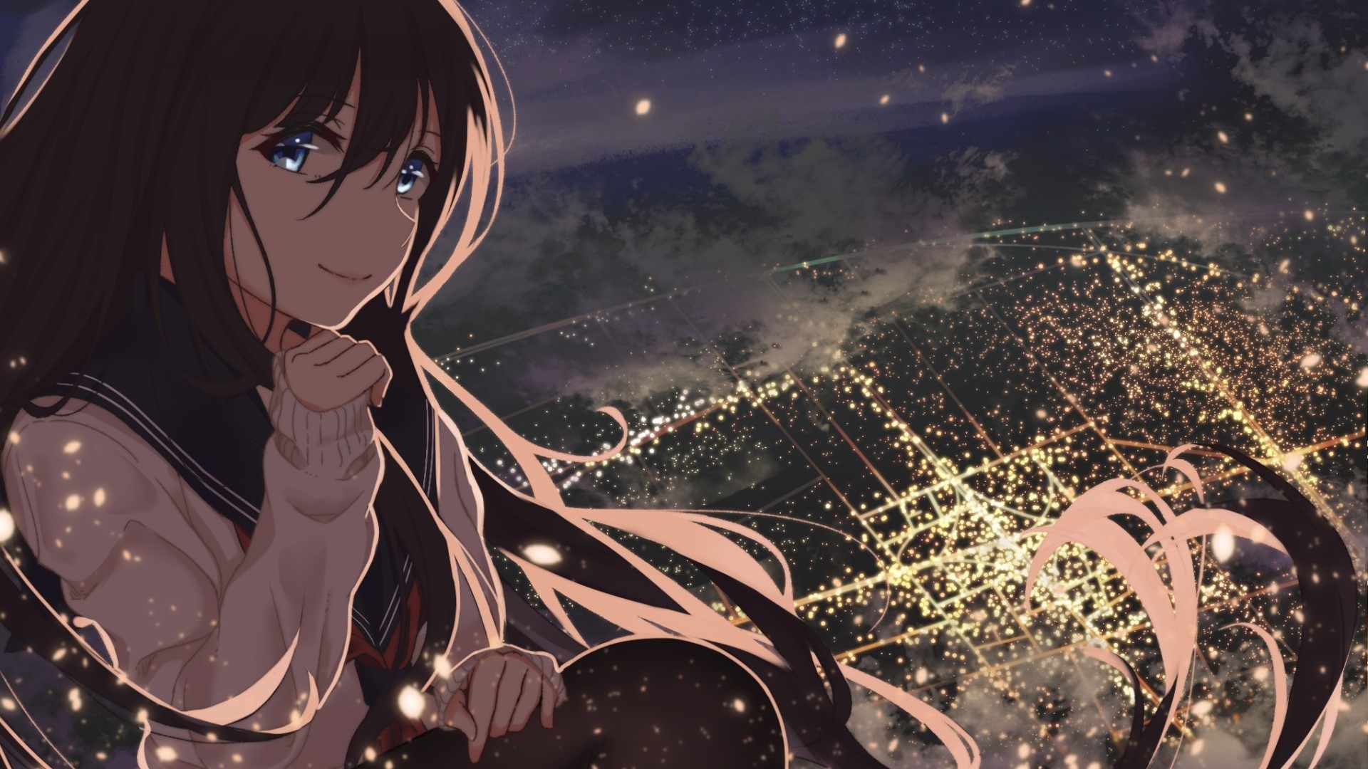 Anime girl with blue eyes and dark hair overlooking city lights HD Wallpaper