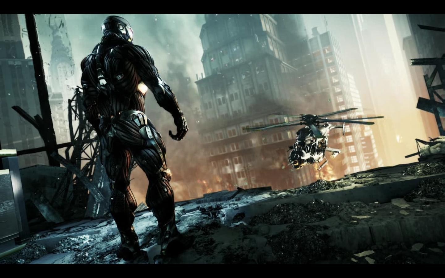 Soldier in Nanosuit overlooking destroyed city with helicopter HD Wallpaper