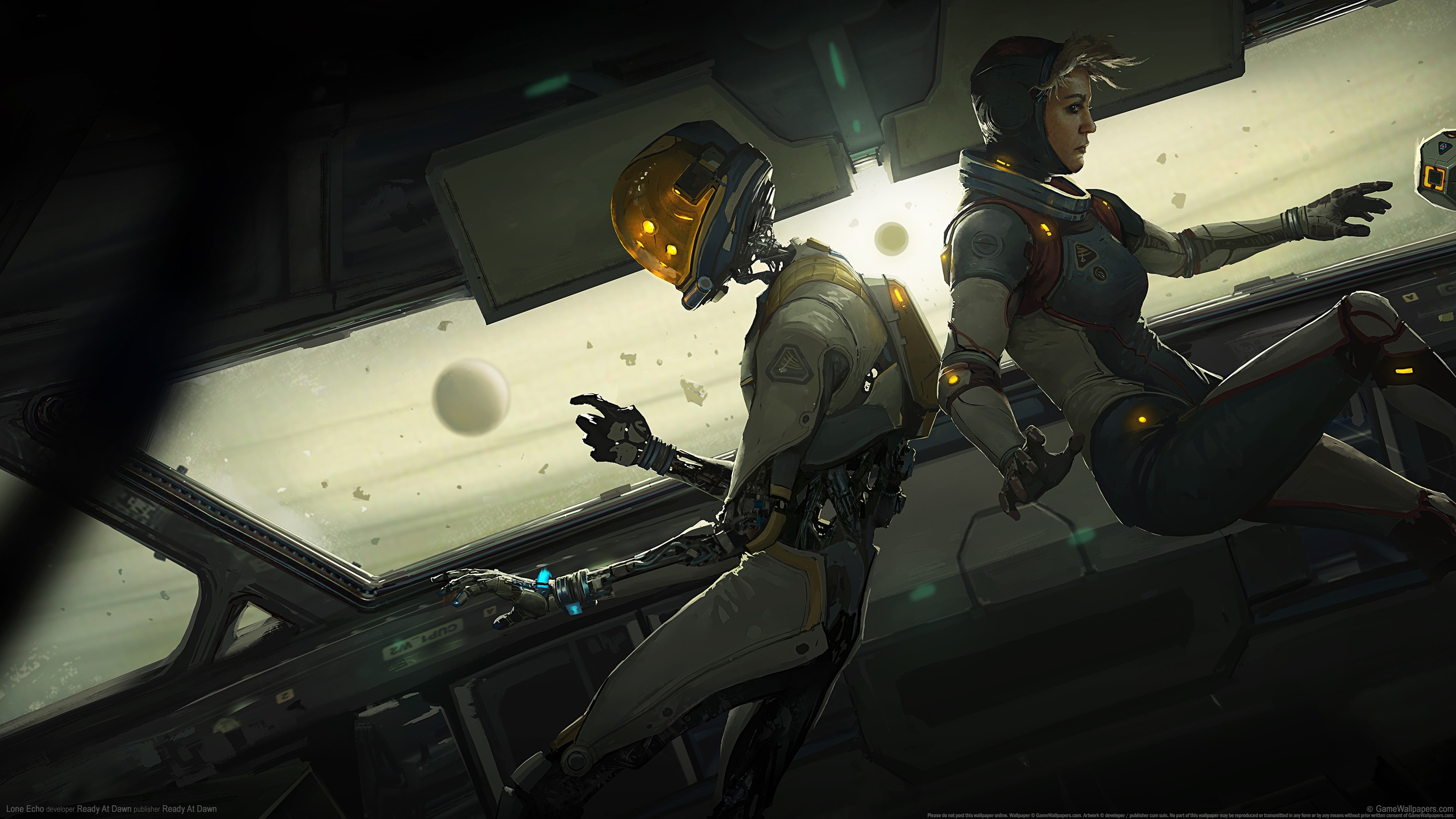 Robot and astronaut in spaceship HD Wallpaper