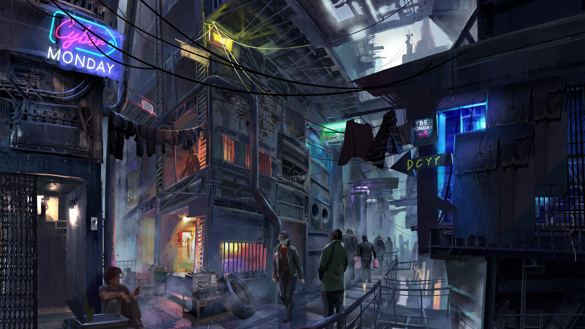 Cyberpunk city alley with neon signs and people HD Wallpaper