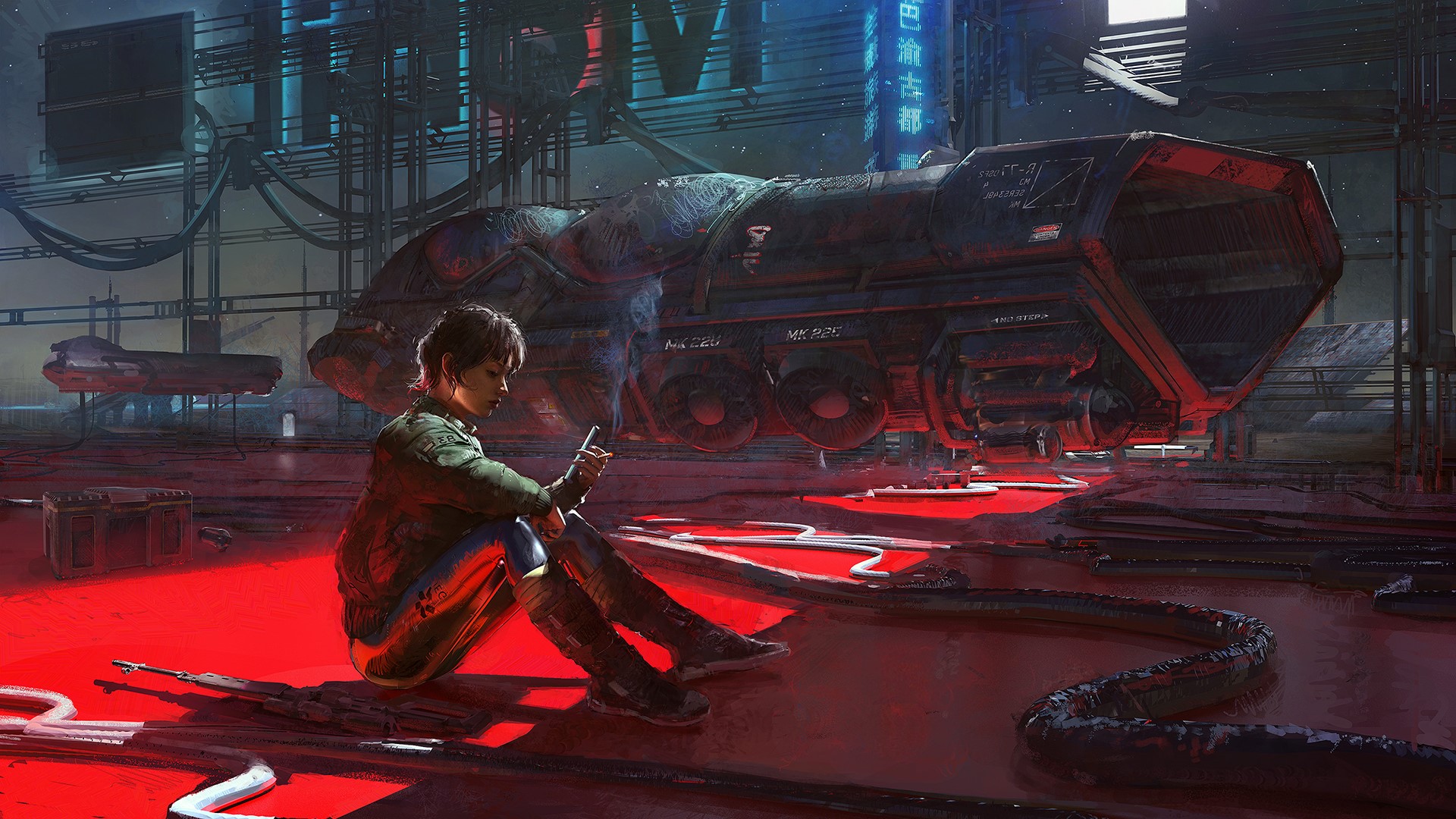 Girl with cigarette in futuristic industrial setting with spaceship HD Wallpaper