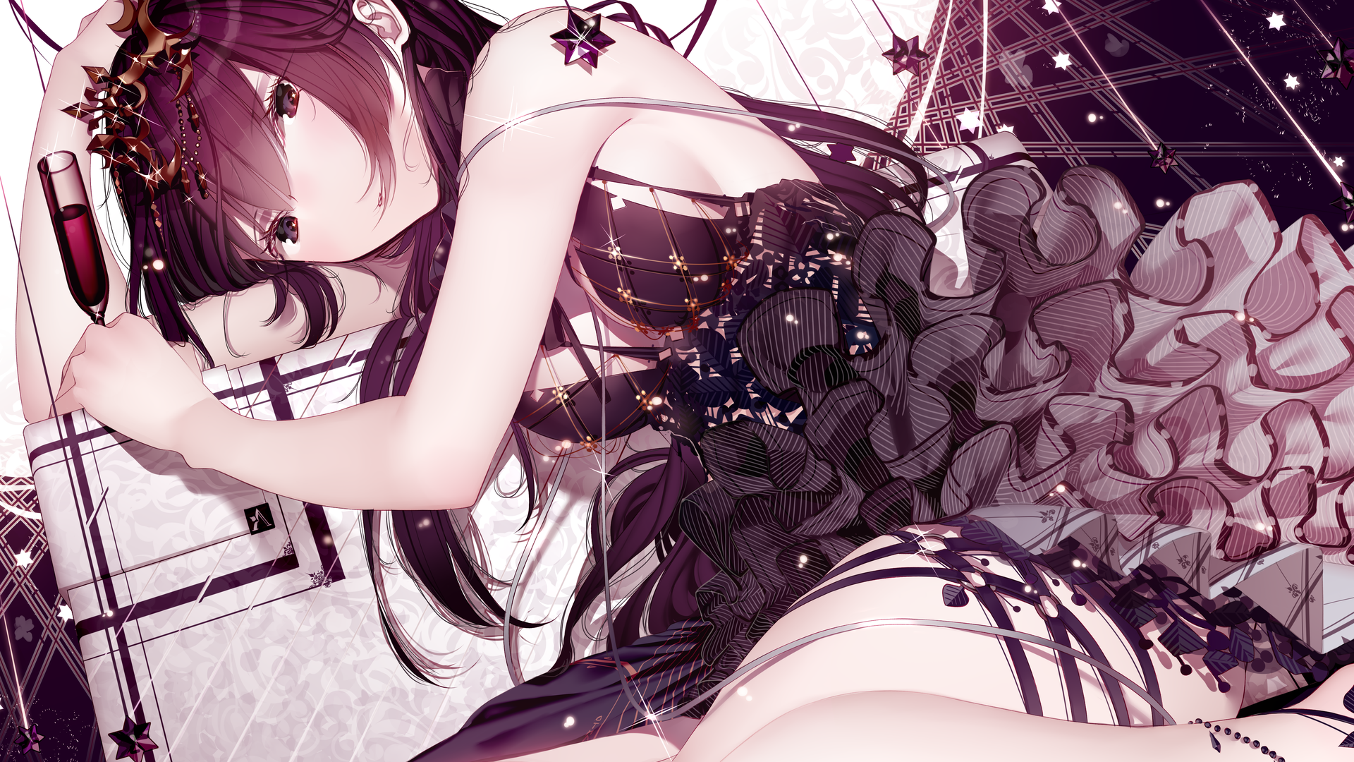 Anime girl with crown and drink HD Wallpaper