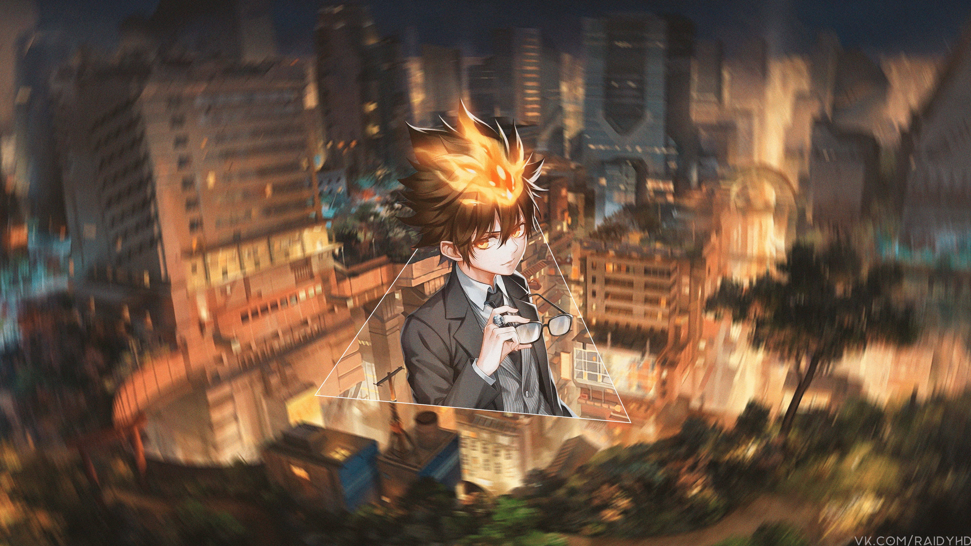 Anime boy with fiery hair in a suit HD Wallpaper