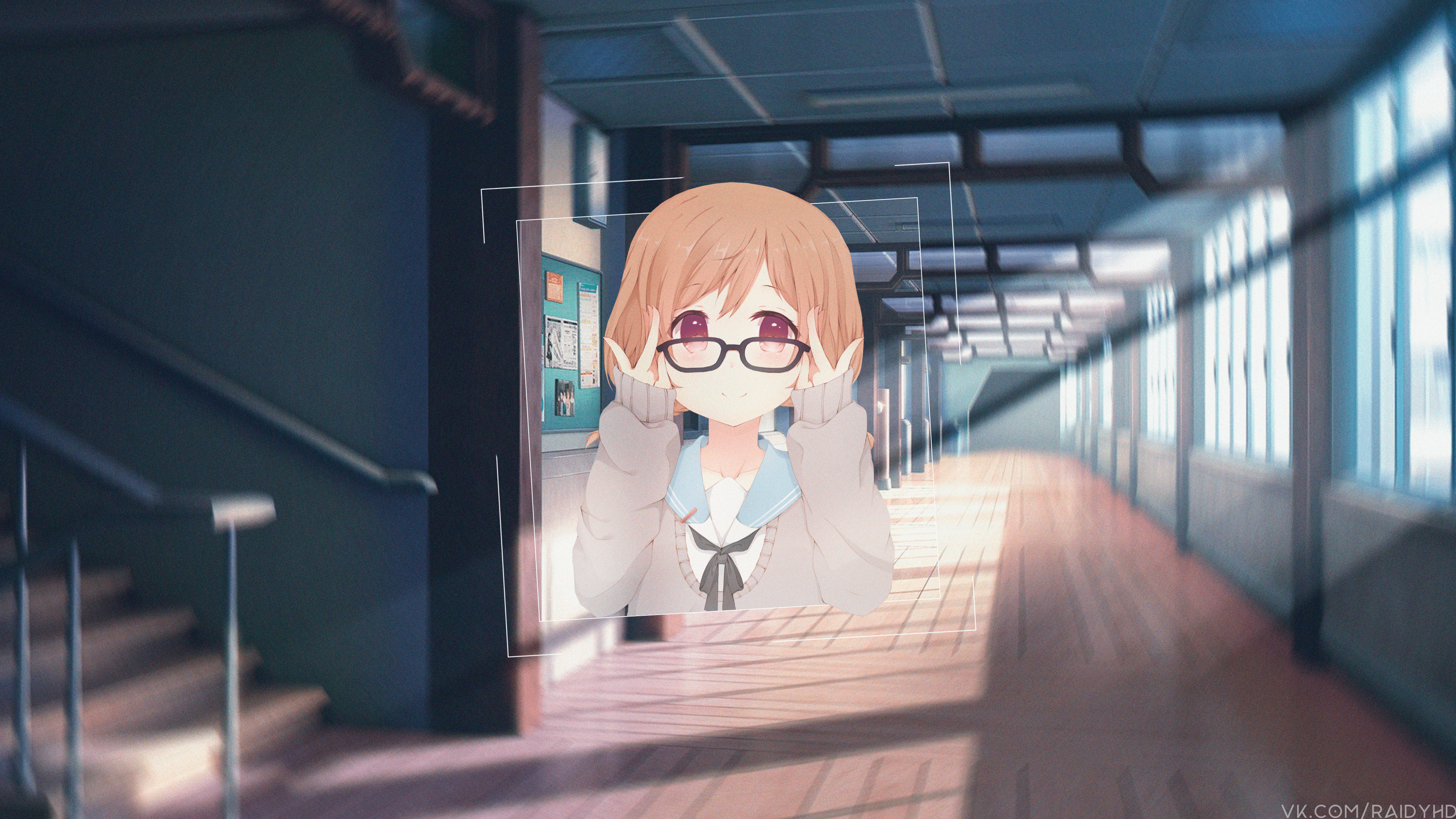Anime girl with glasses in school hallway HD Wallpaper