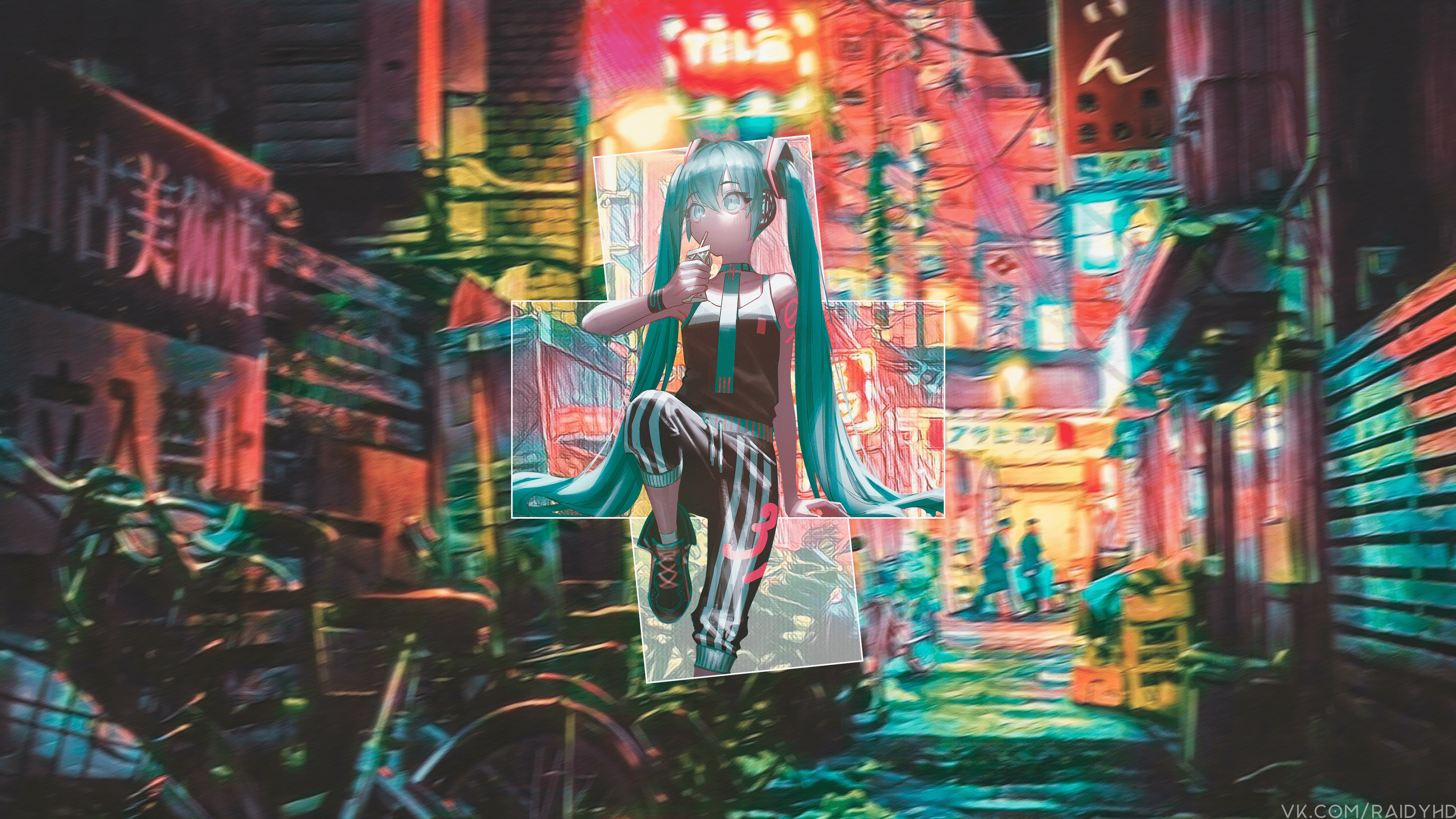 4K Hatsune Miku from Vocaloid in a neon city HD Wallpaper