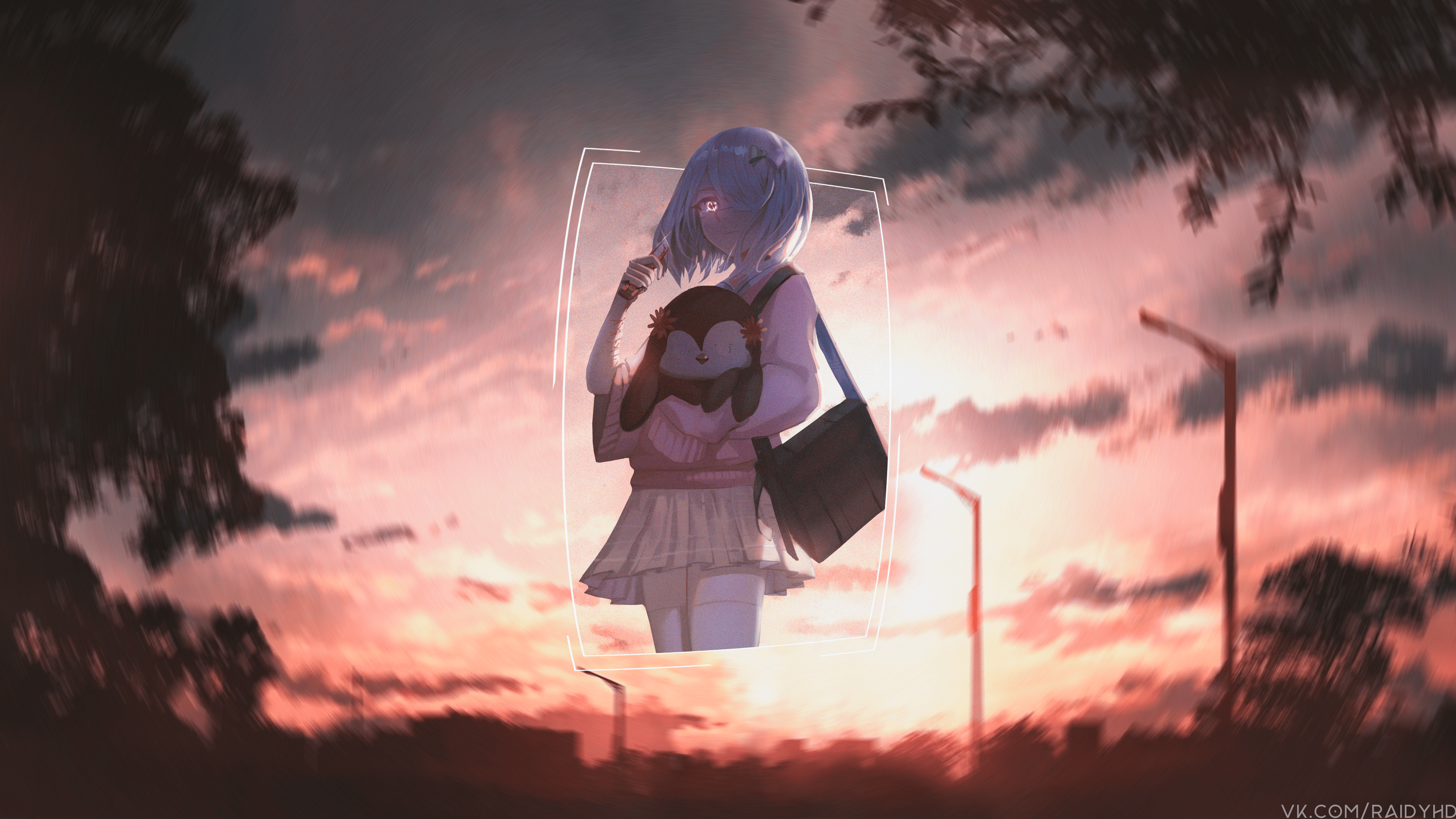 Anime girl with plush toy at sunset HD Wallpaper