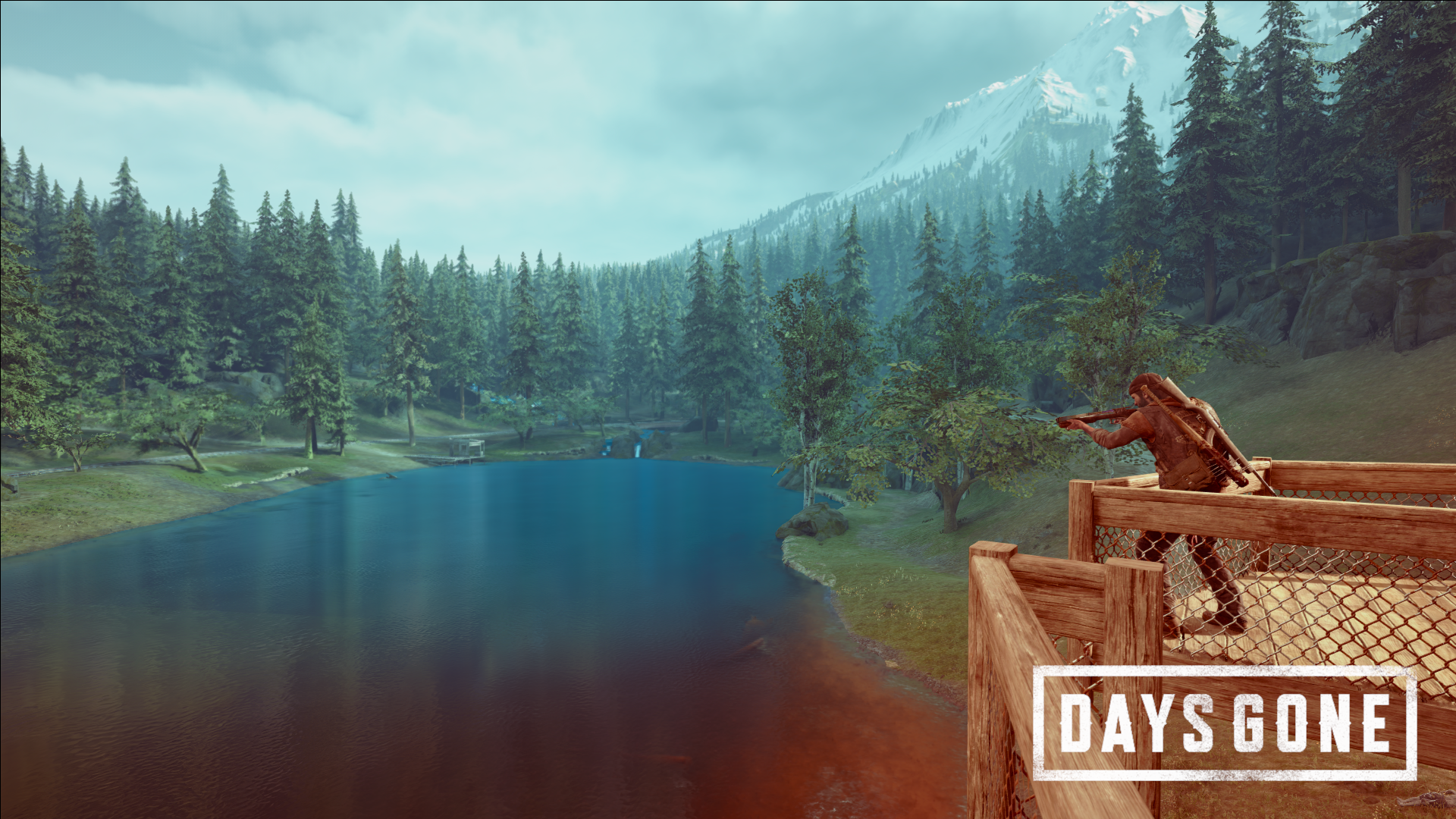 Days Gone character aims rifle by a lake HD Wallpaper