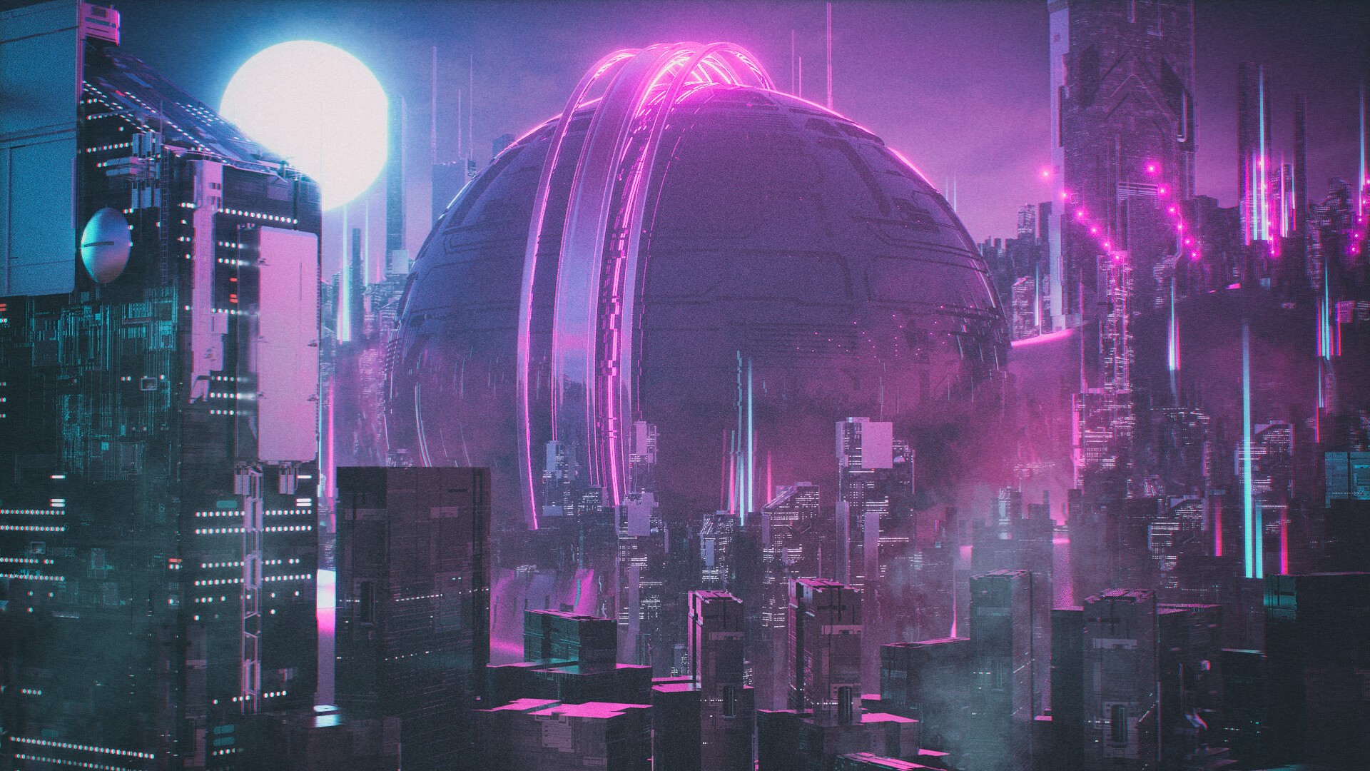 Cyberpunk cityscape with a large spherical structure and neon lights HD Wallpaper