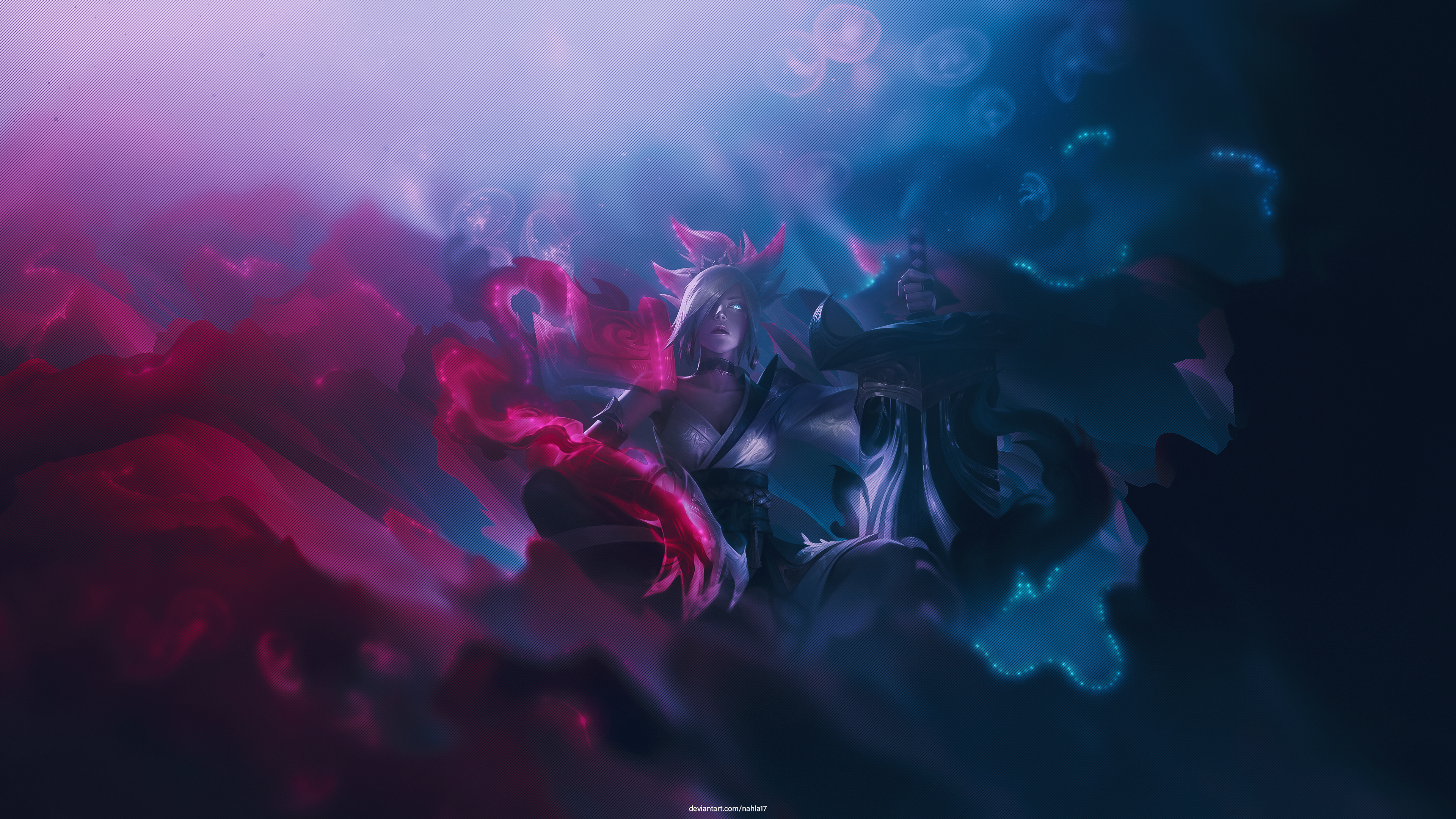 Riven from League of Legends with pink and blue energy HD Wallpaper