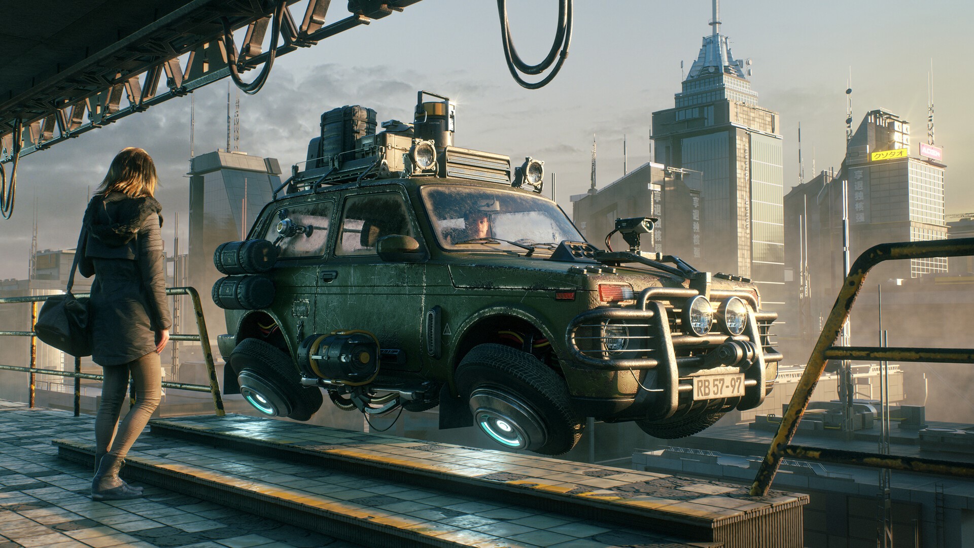 Futuristic flying vehicle in a cyberpunk cityscape HD Wallpaper