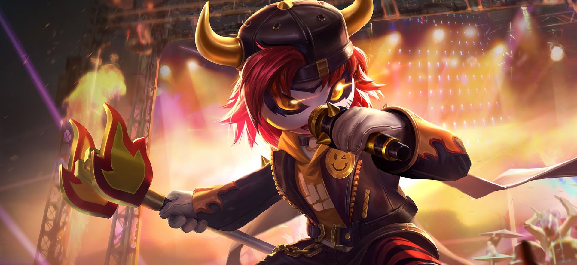 Character with horns and red hair holding a microphone HD Wallpaper