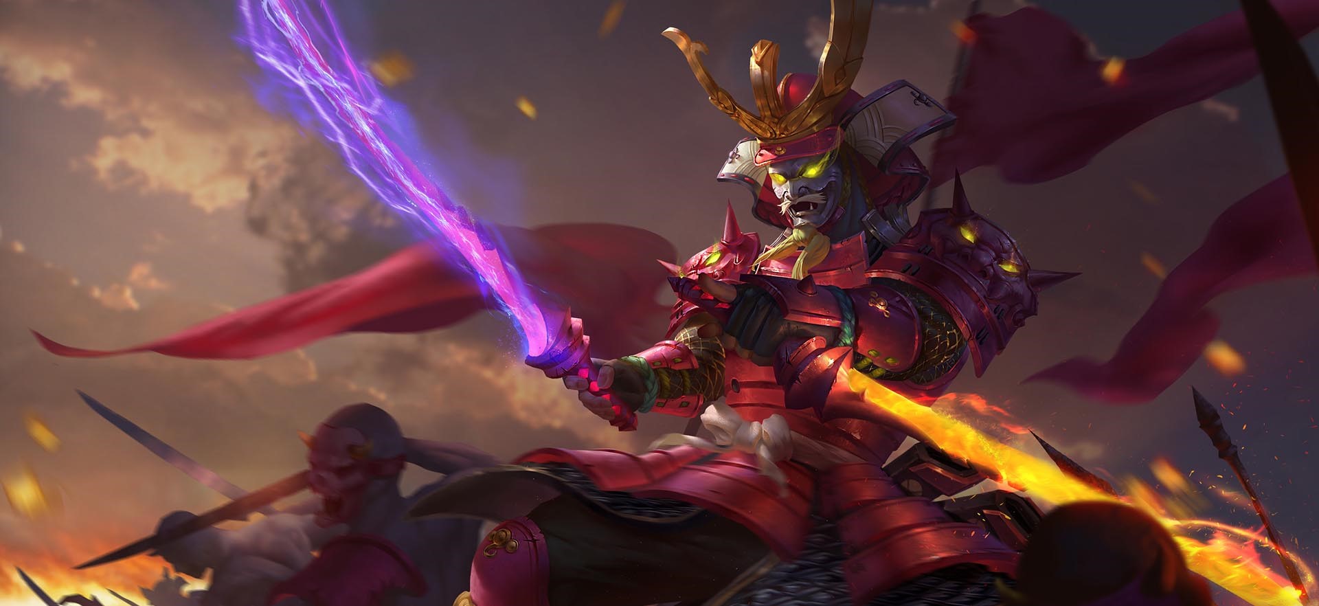 Armored Samurai with Glowing Eyes and Energy Swords HD Wallpaper