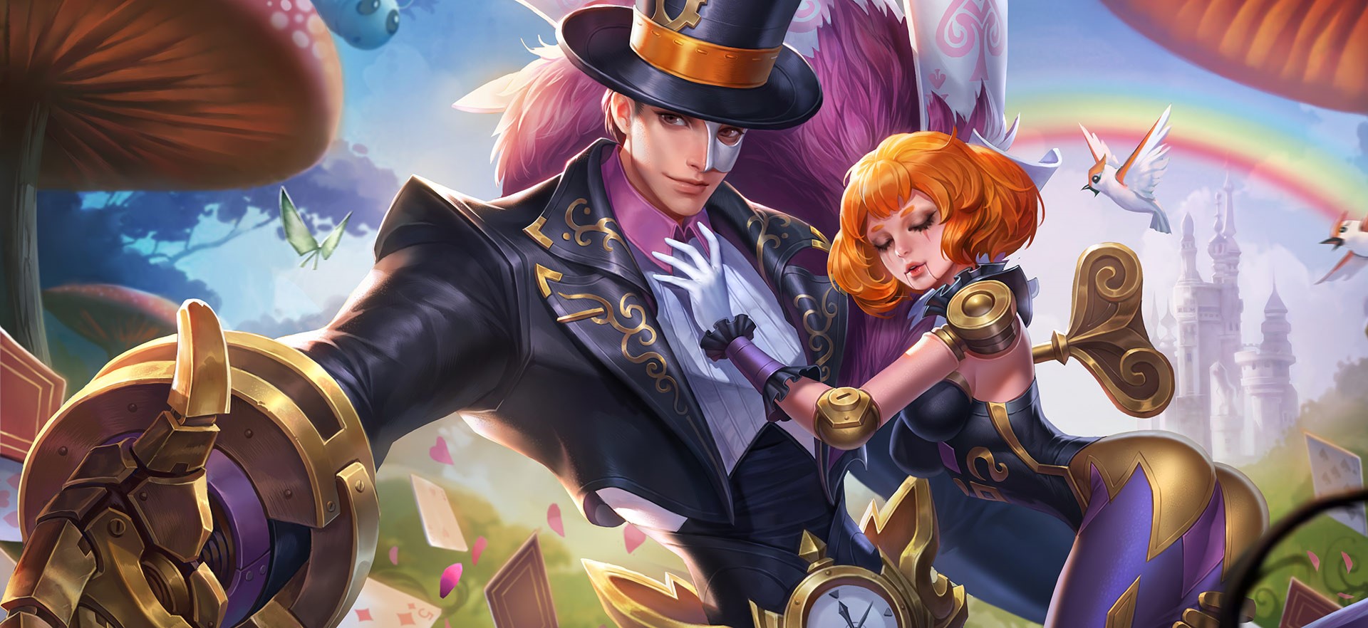 Man in Top Hat and Doll Girl in Wonderland HD Wallpaper