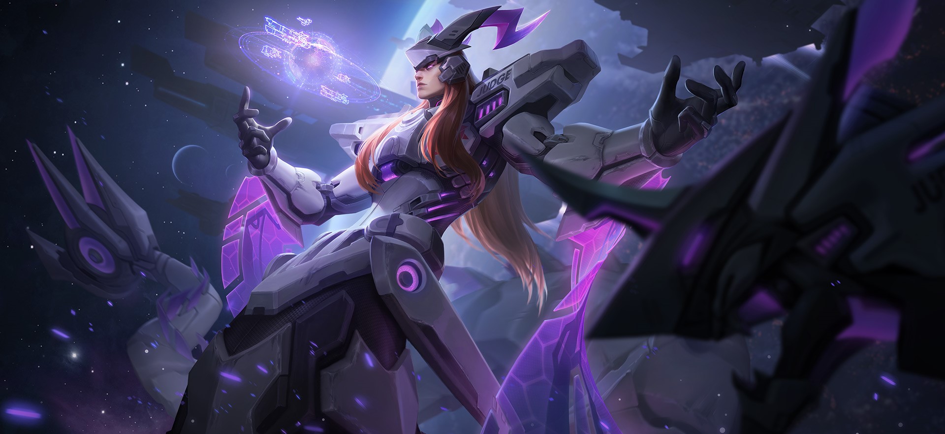 Anime character in futuristic armor with holographic display HD Wallpaper