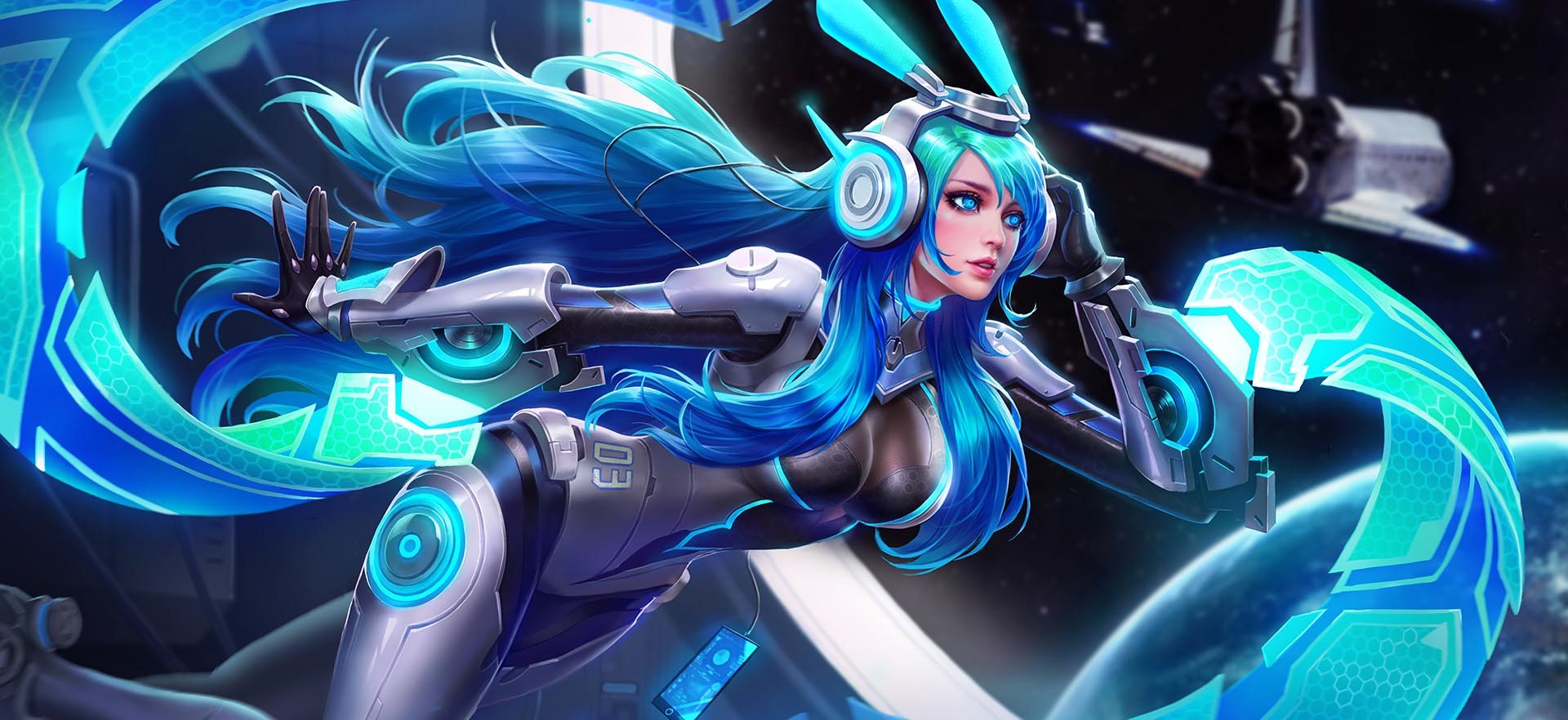 Anime girl with blue hair and cybernetic suit in space HD Wallpaper