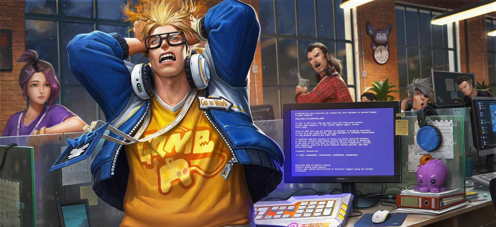 Anime office workers experiencing computer problems HD Wallpaper