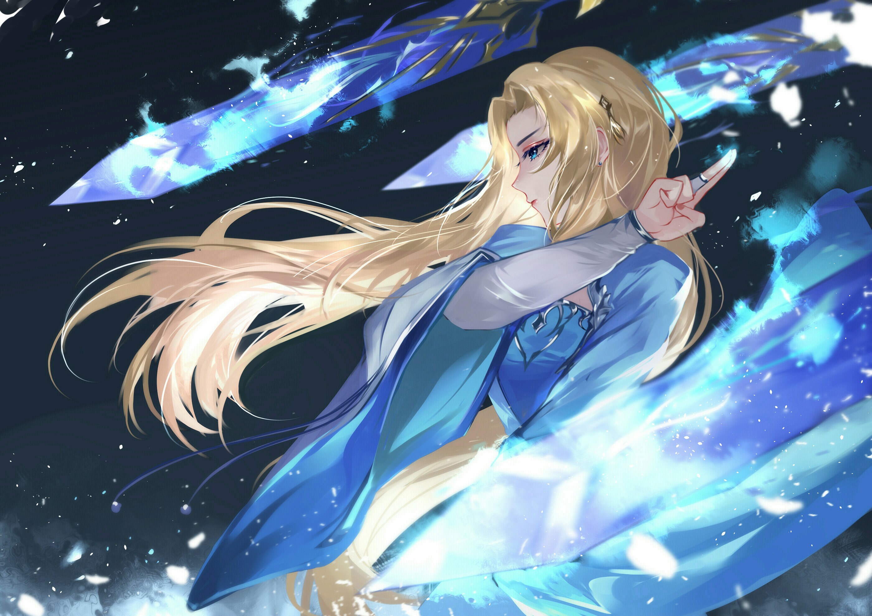 Anime girl with blonde hair and blue eyes wielding magic swords HD Wallpaper