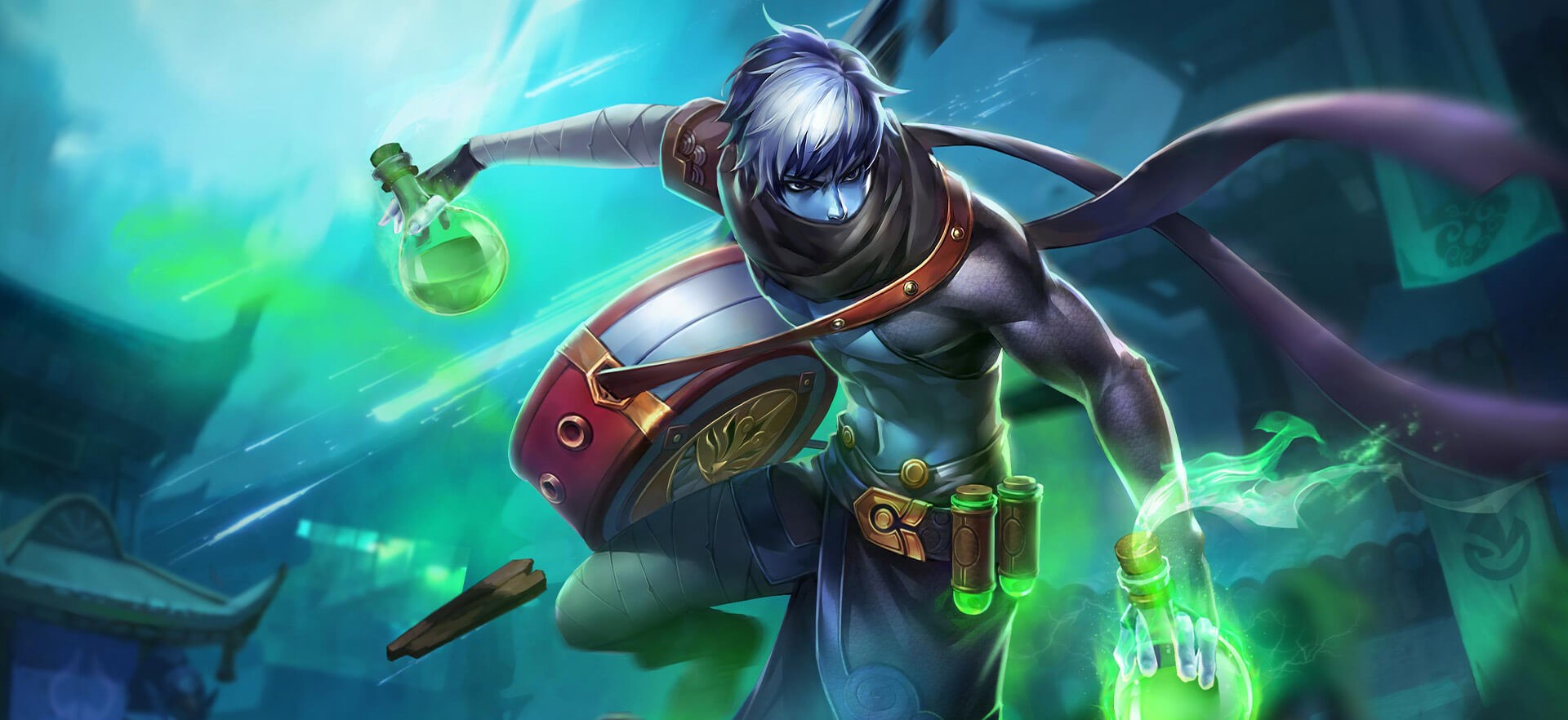 Blue-skinned man with white hair holding potions HD Wallpaper