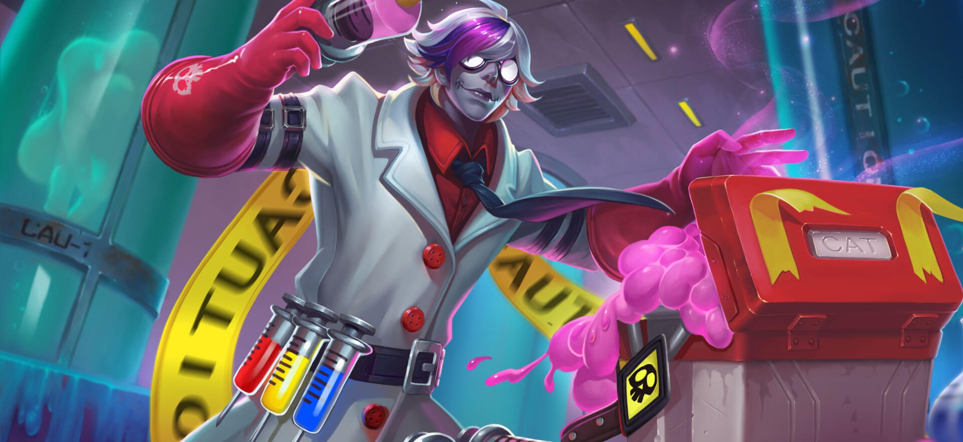 Mad scientist with purple hair in a lab HD Wallpaper