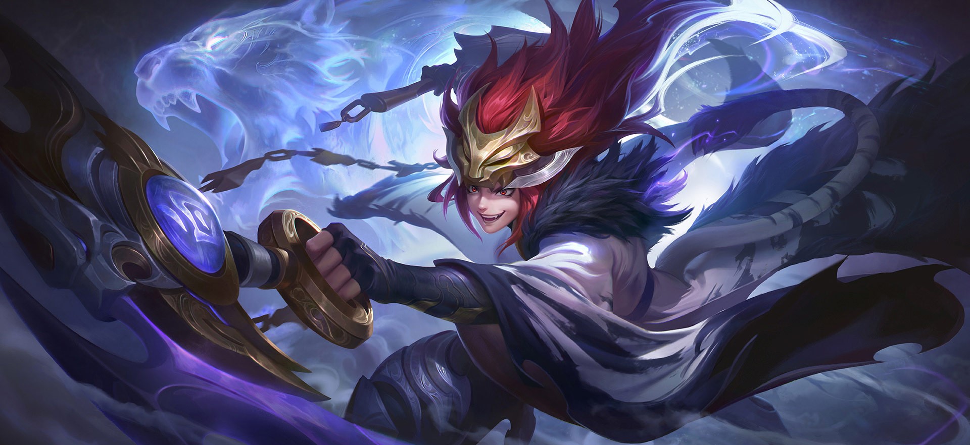 Fantasy warrior with red hair and mask wielding a sword HD Wallpaper