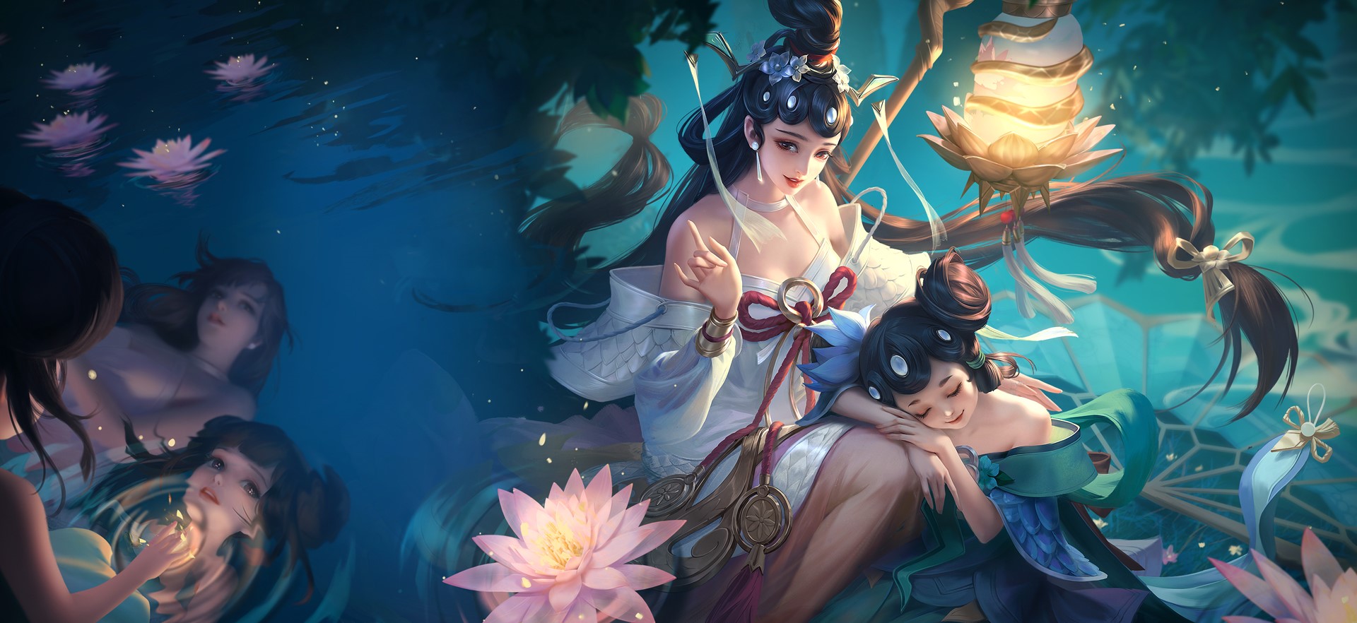 Anime girls in a pond with lotus flowers HD Wallpaper
