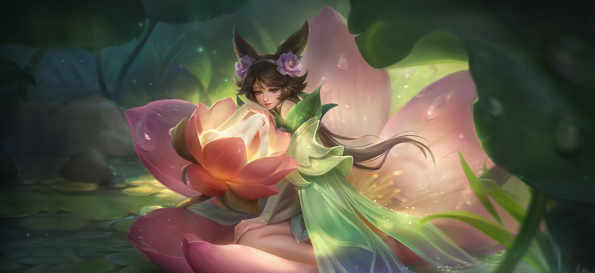 Anime girl with fox ears in a lotus flower HD Wallpaper