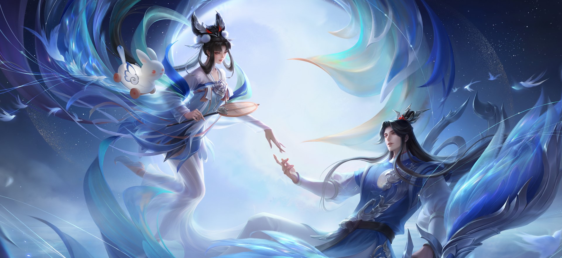 Anime couple reaching for each other with flowing blue fabric HD Wallpaper