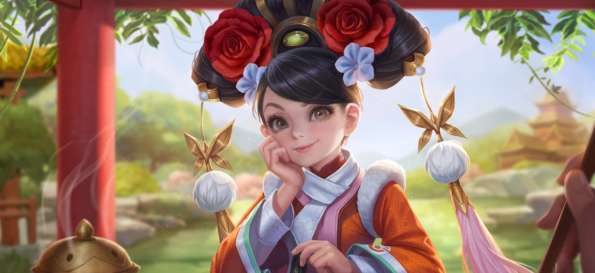 Anime girl in traditional Chinese attire with ornate headdress HD Wallpaper