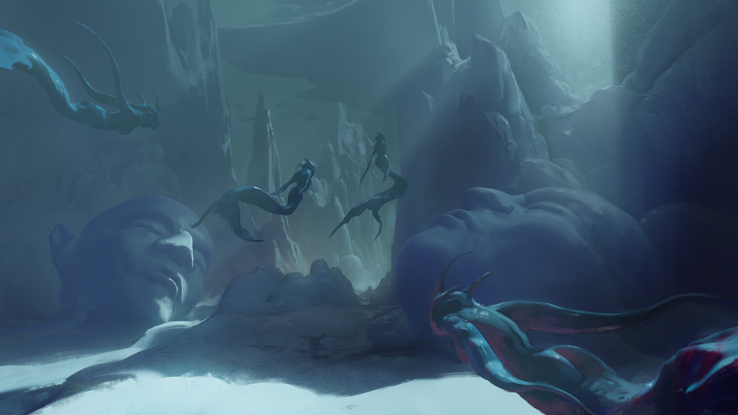 Fantasy artwork of mermaids swimming near giant stone heads HD Wallpaper